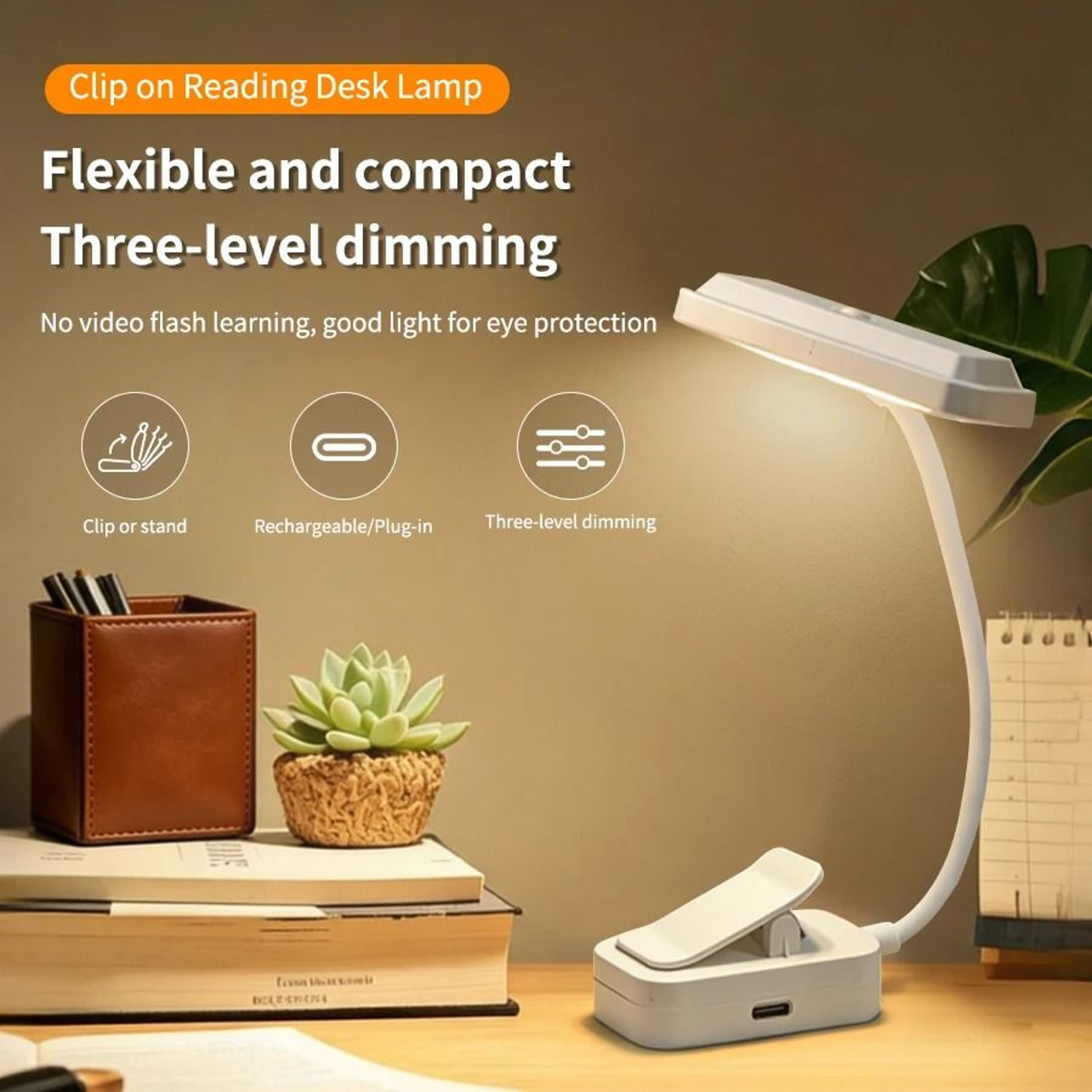 Mini LED ClipOn Reading Book Light 3 Modes USB Rechargeable Eye Protection Portable Lamp 8