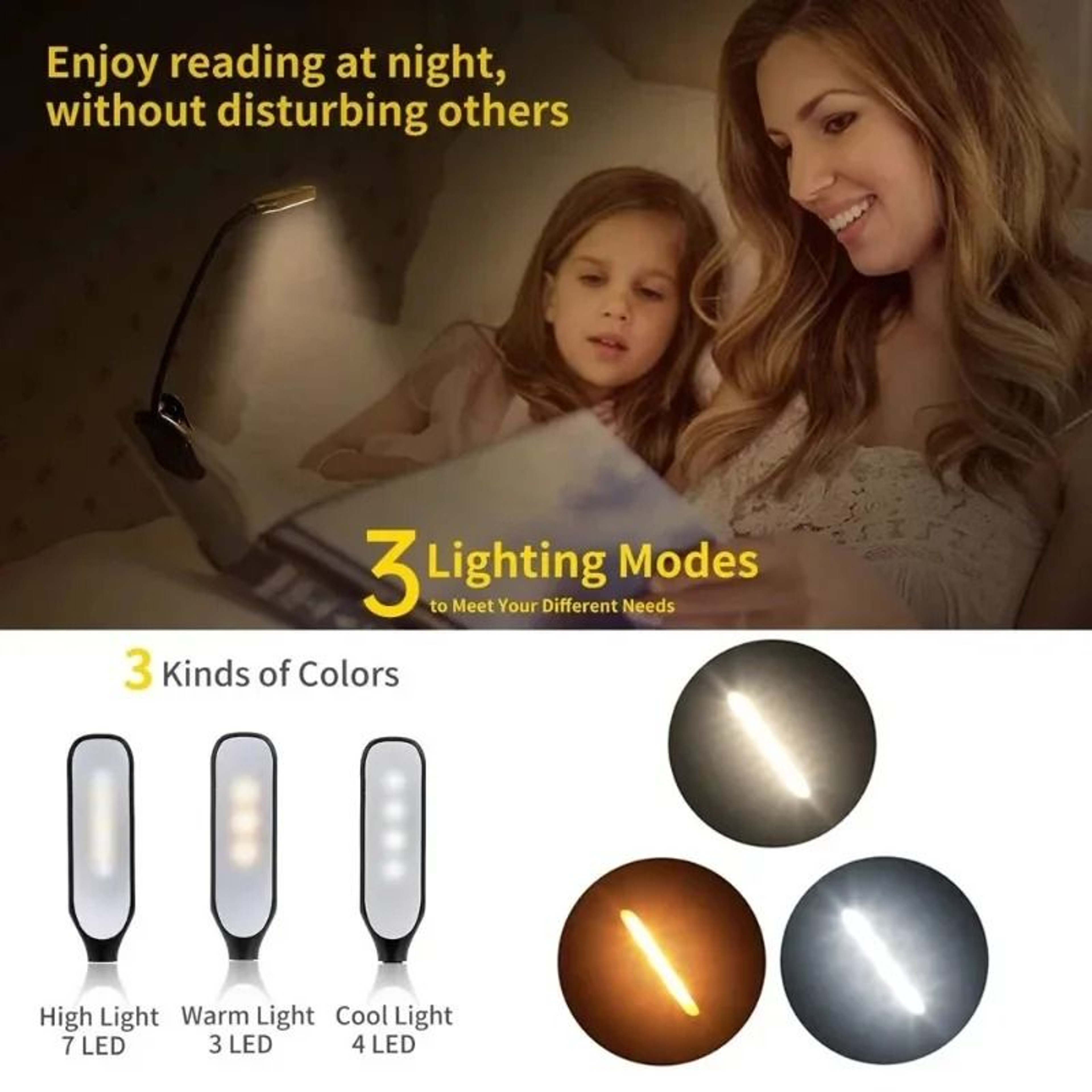Bendable Gooseneck Clip LED Reading Lamp 3 Modes USB Rechargeable Book Light 2
