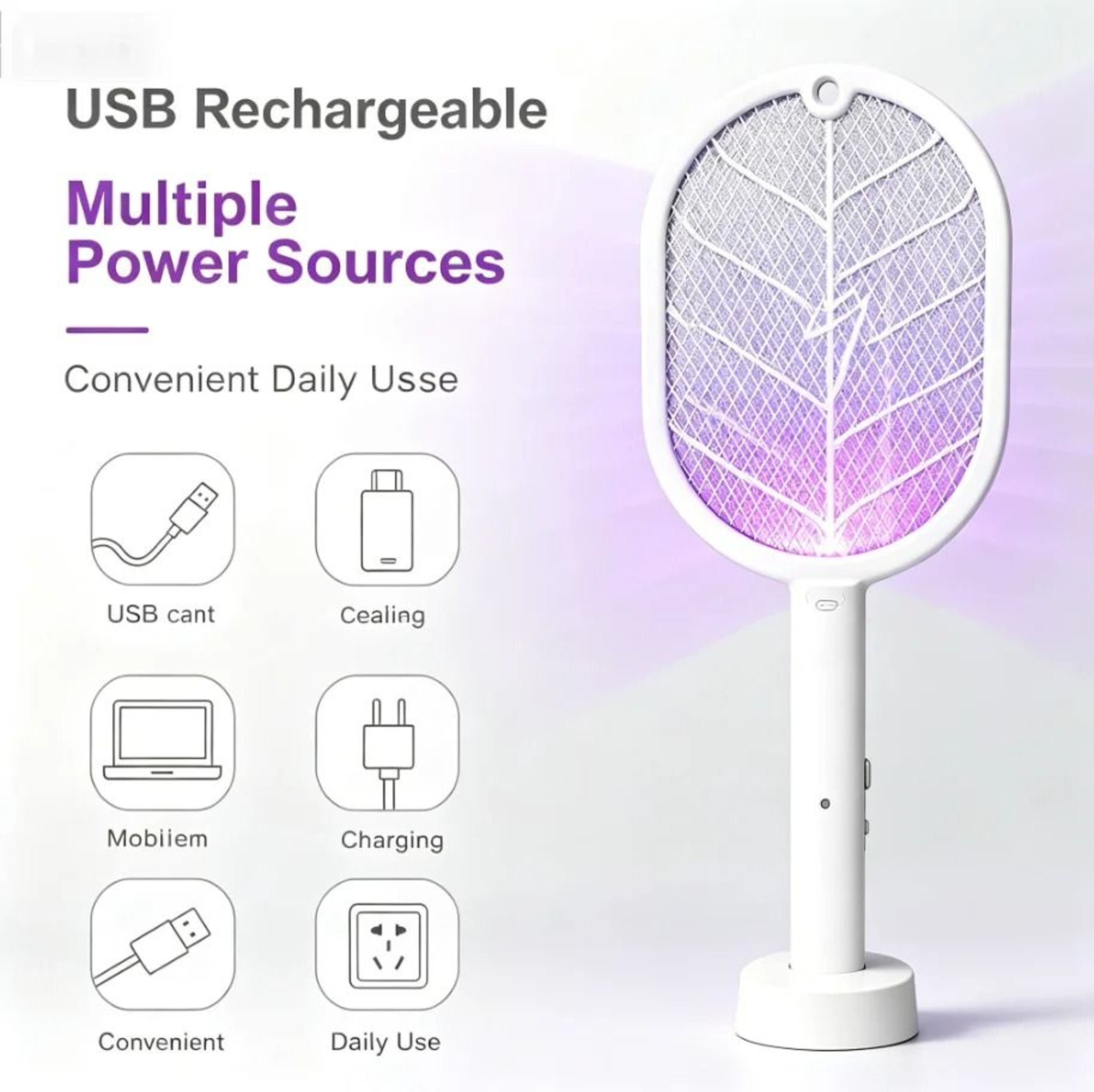USB Rechargeable Handheld Electric Bug Swatter Mosquito Zapper Racket 5