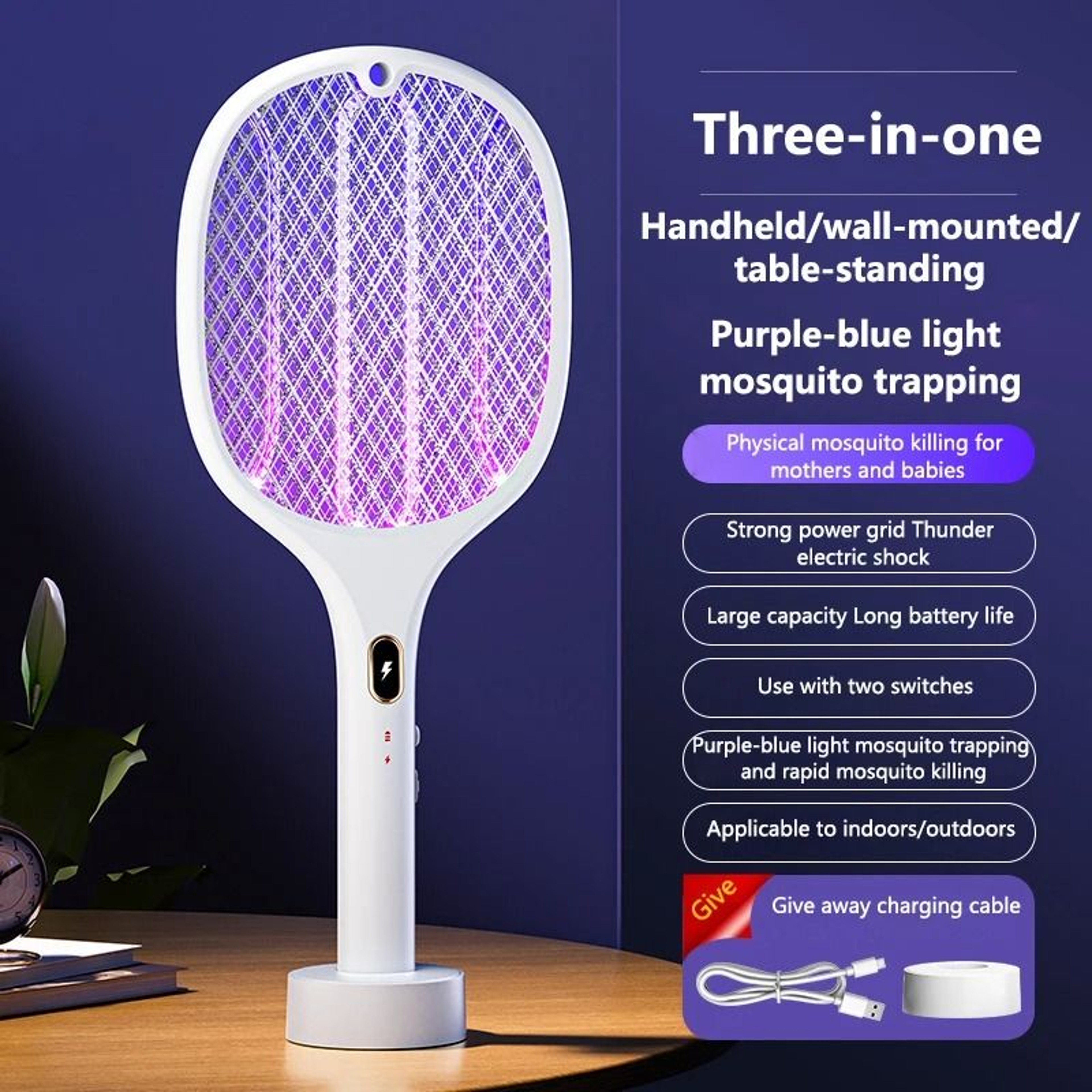 3in1 Multifunctional Electric Bug Zapper Racket USB Rechargeable Swatter 7
