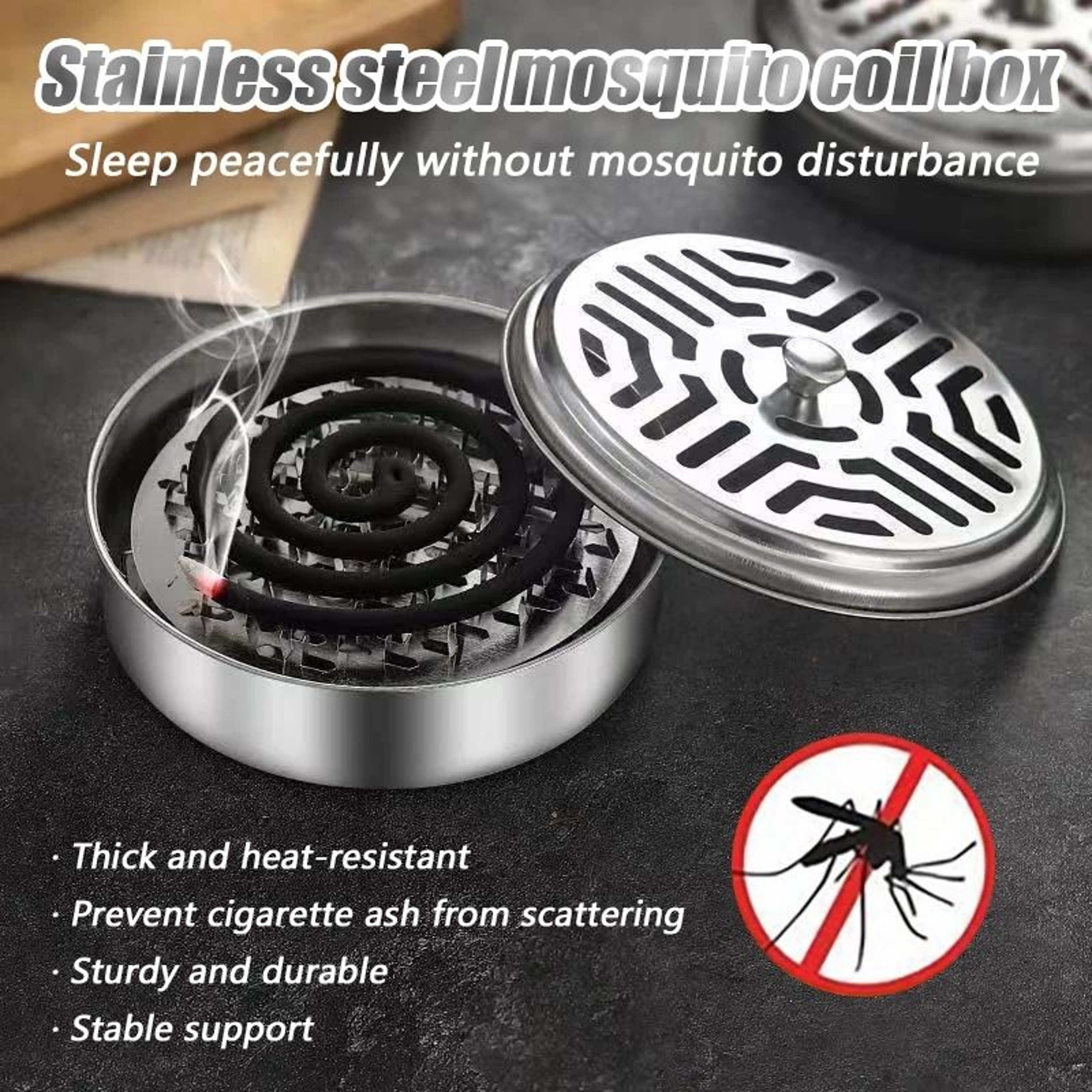 Stainless Steel Mosquito Coil Holder Box Round Incense Burner Tray Cover 0