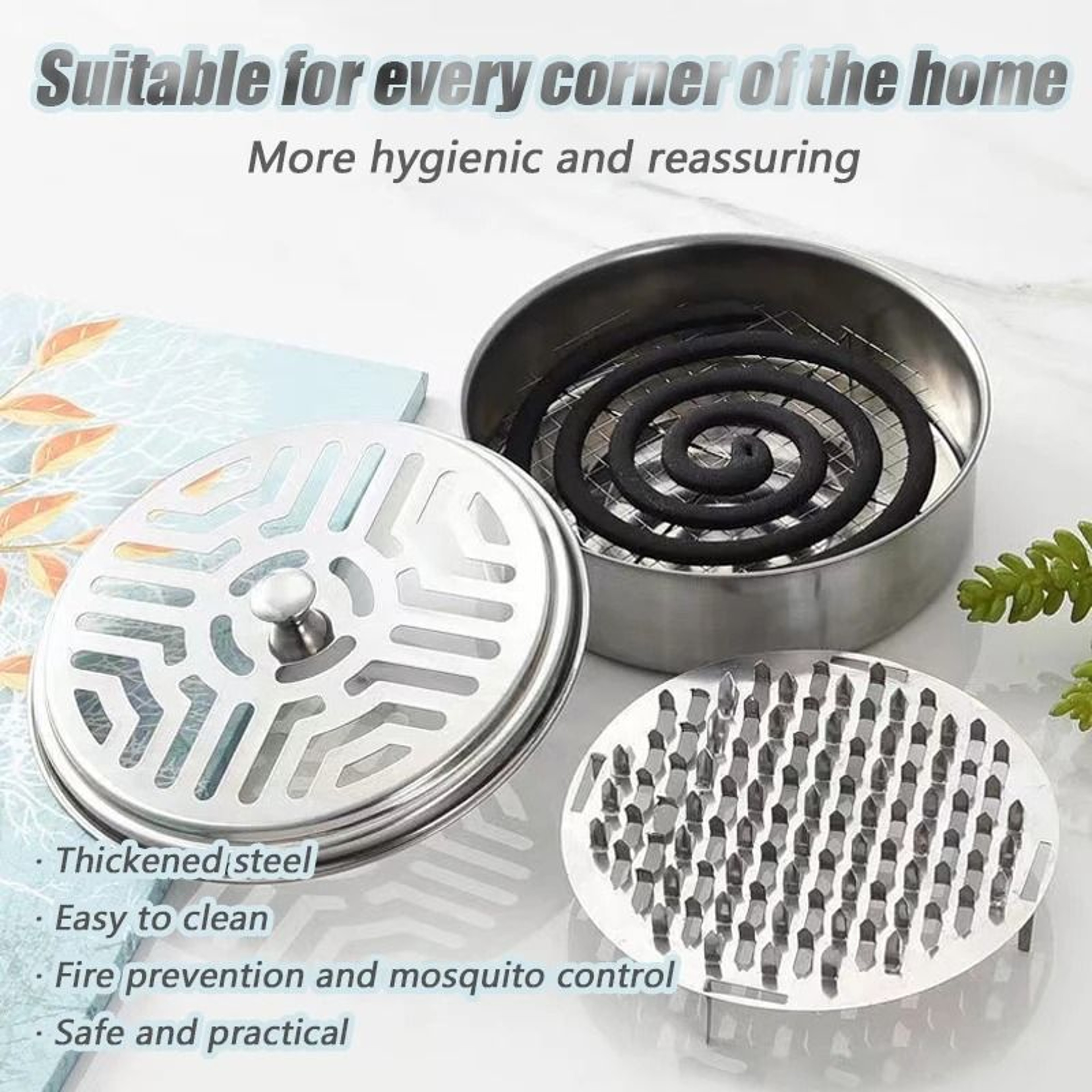 Stainless Steel Mosquito Coil Holder Box Round Incense Burner Tray Cover 1