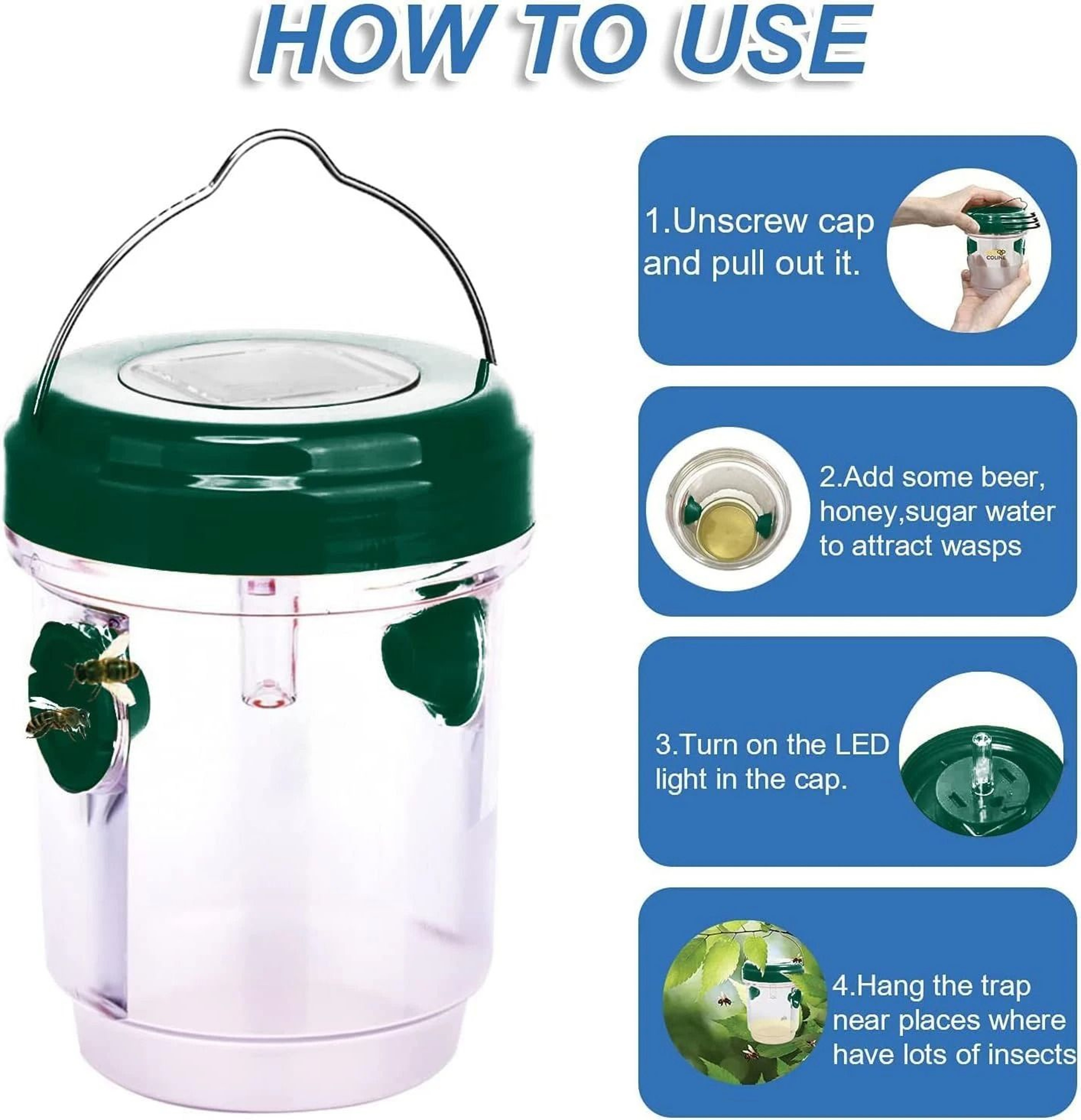 Outdoor Solar Powered UV LED Light Wasp Bottle Trap Bee Hornet Catcher 5
