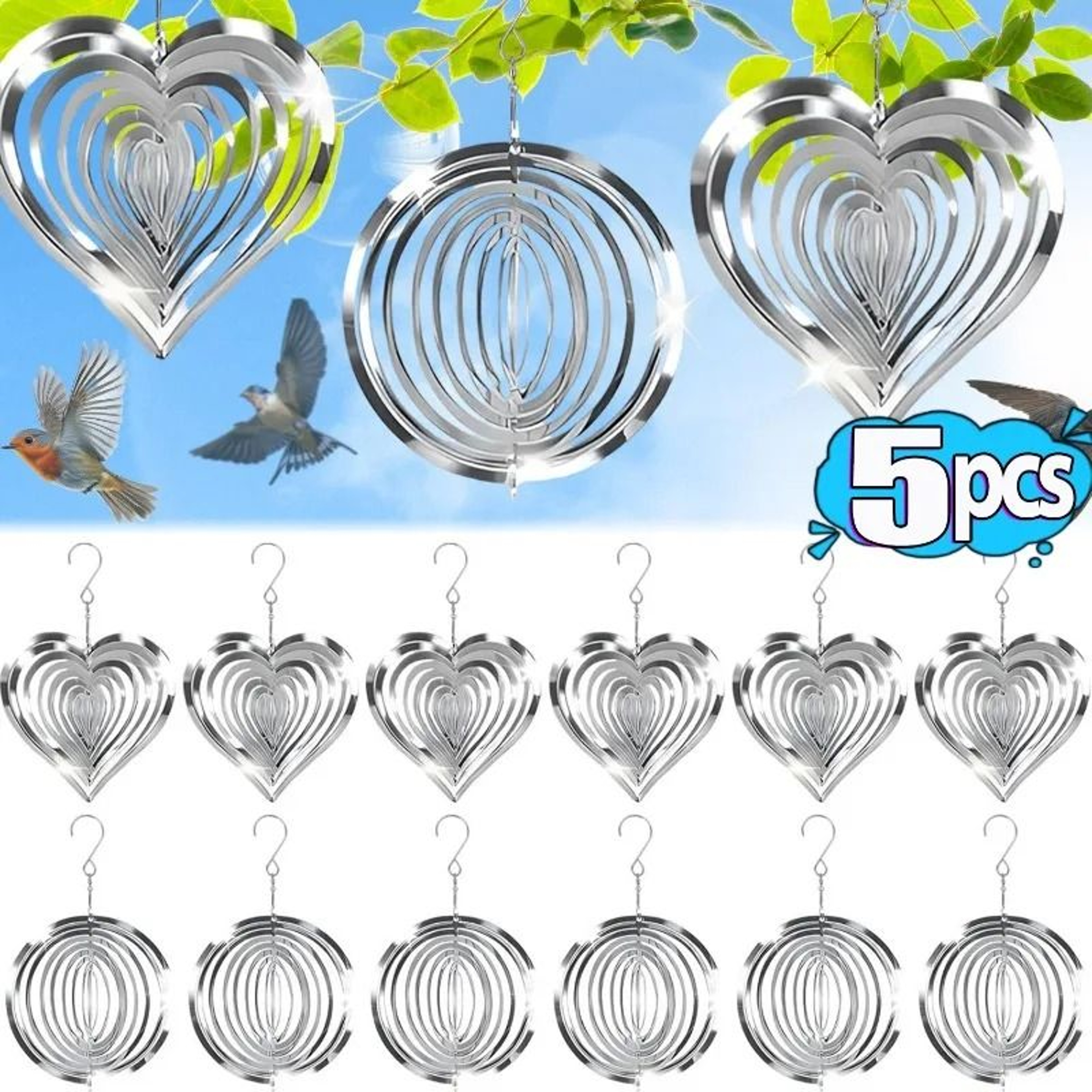 Stainless Steel Reflective 3D Rotating Wind Spinner Bird Deterrent Decor 0
