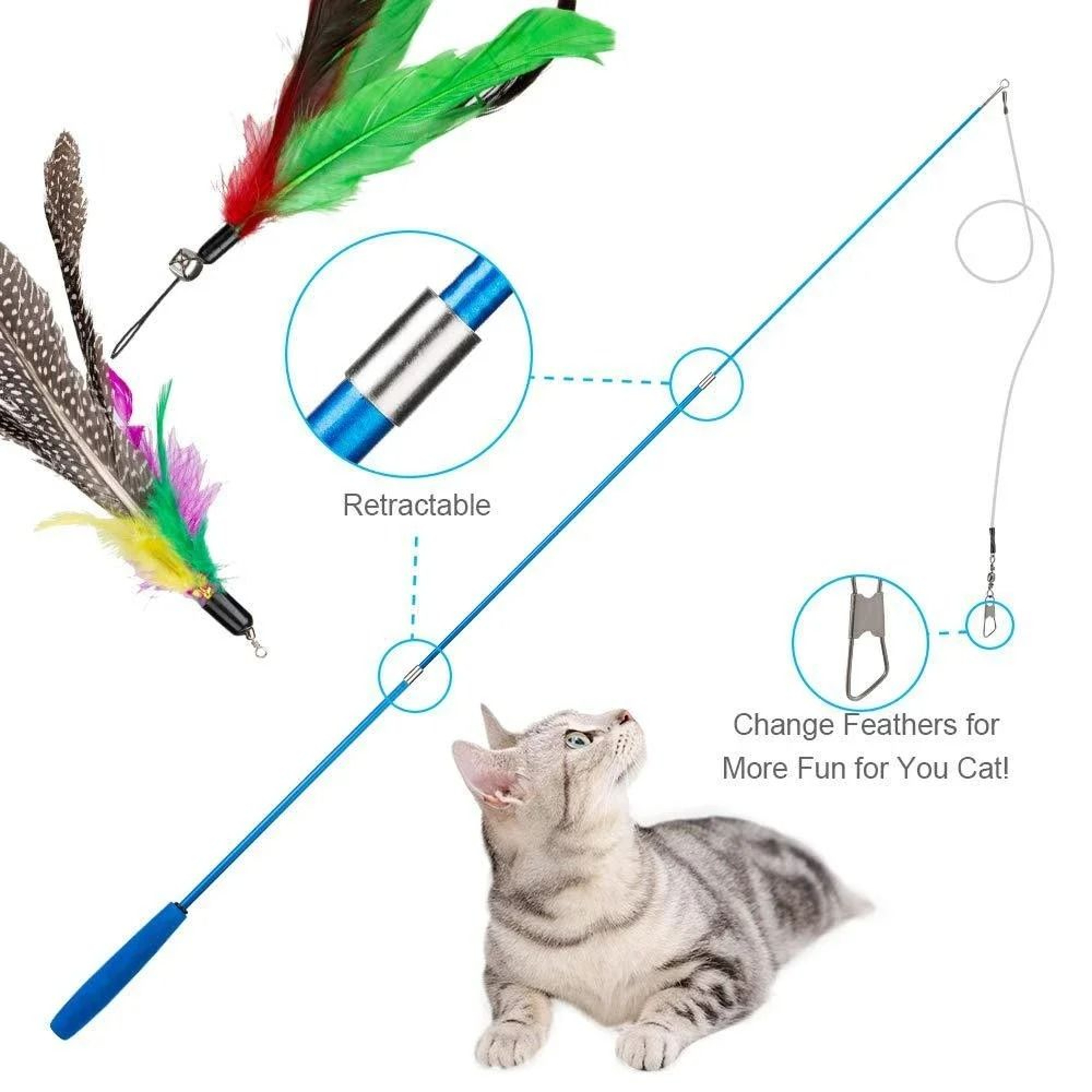 11pcs Cat Feather Toy Set Retractable Wand Teaser Stick Refill Heads Pack 2