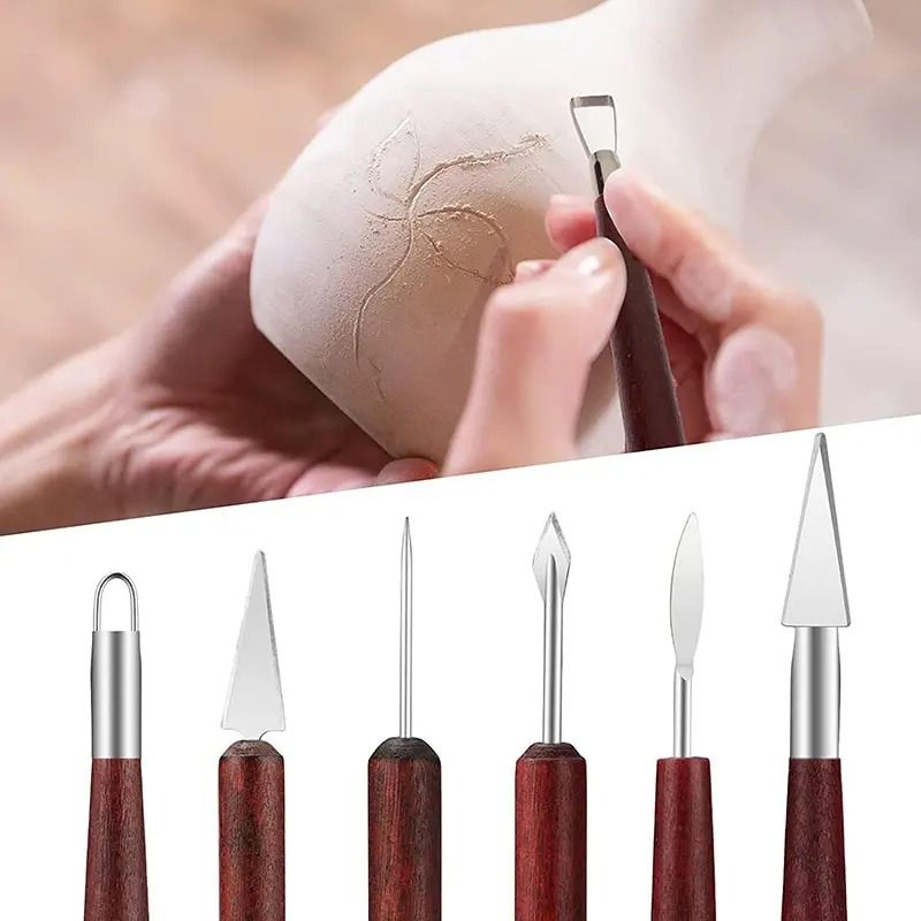 6Pcs Pottery Clay Sculpting Tools Wood Handle Wax Carving Modeling Set 1