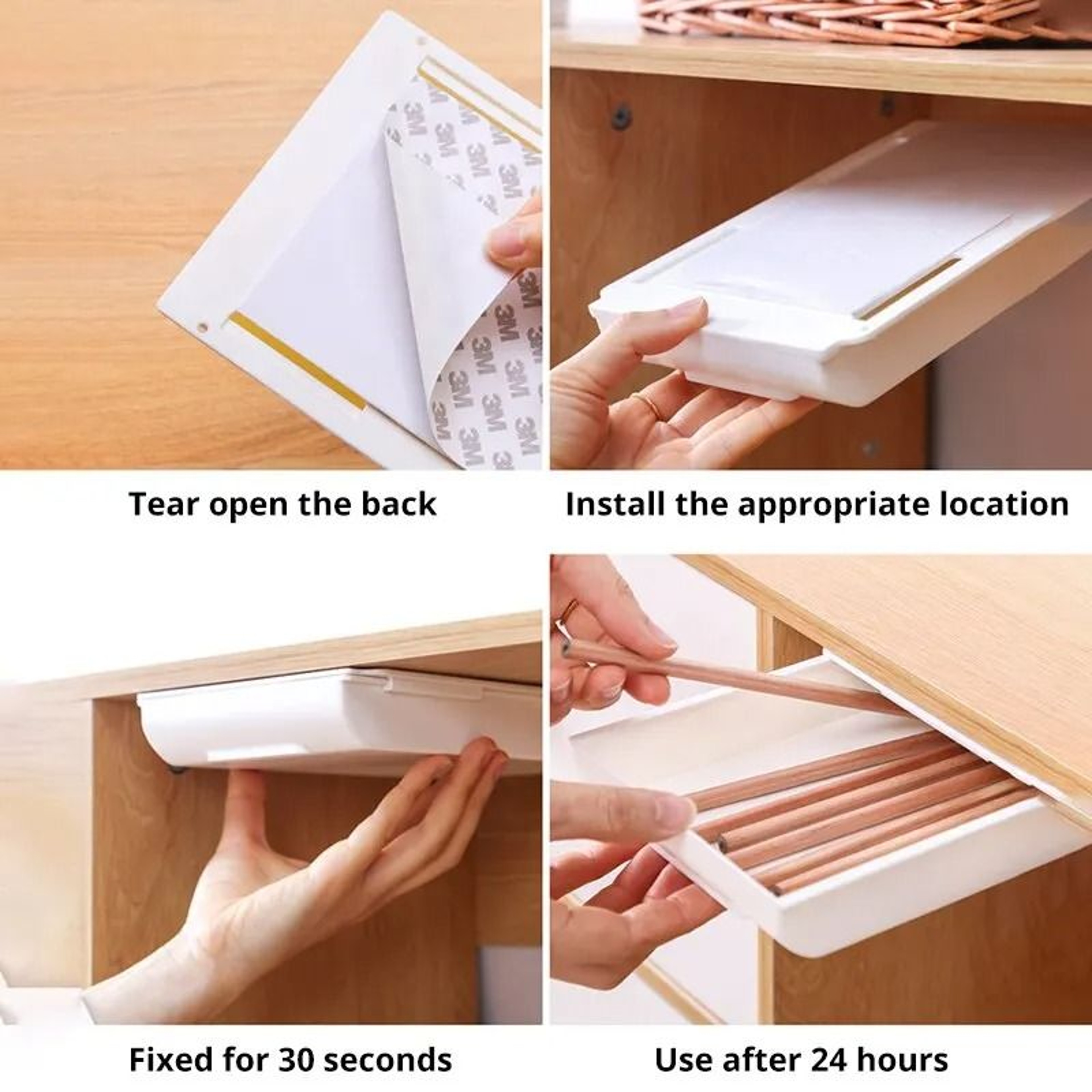 White Self Adhesive Under Desk Storage Drawer Hidden Pencil Tray Organizer 4