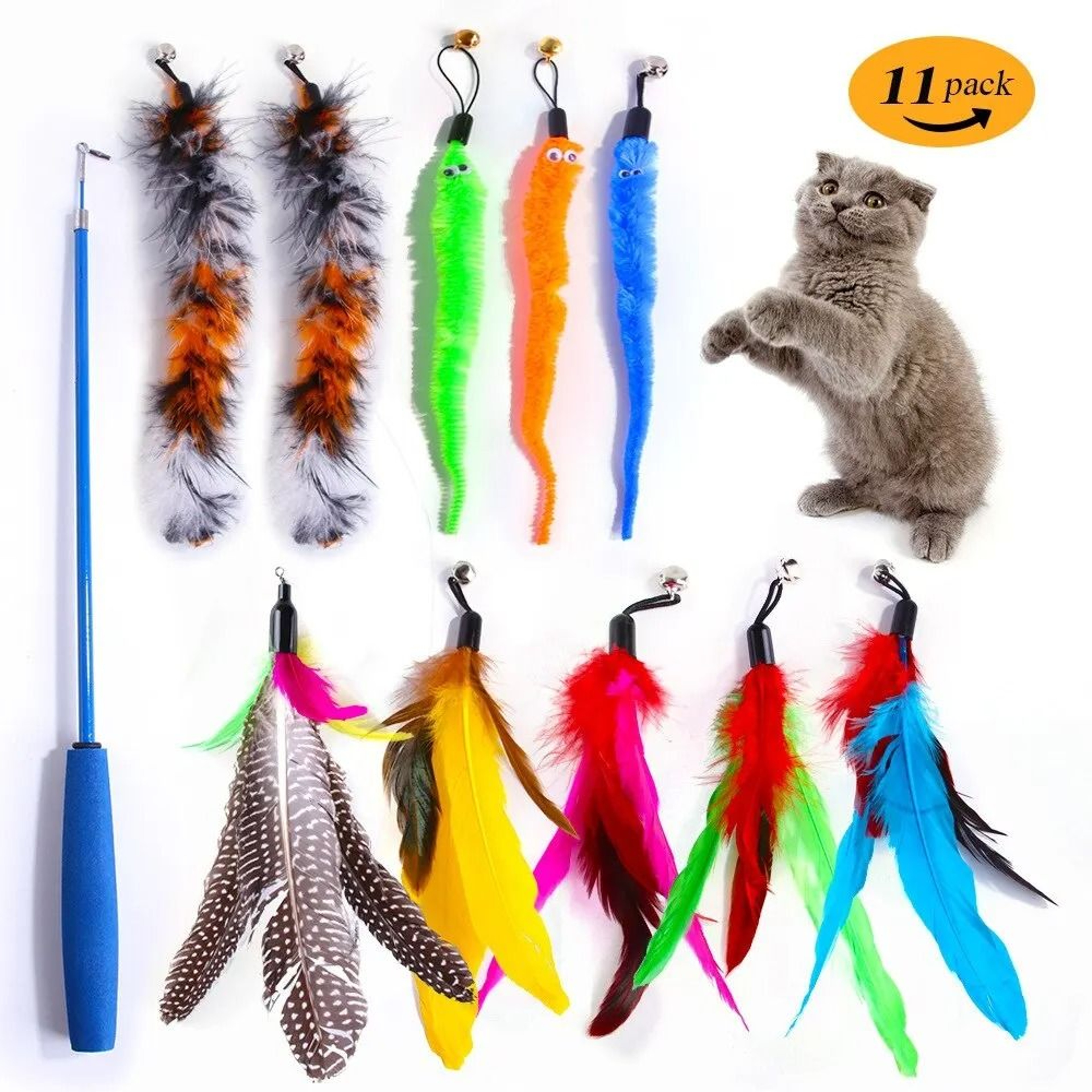11Pcs Interactive Cat Teaser Feather Toy Set Refill Heads Retractable Wand 0