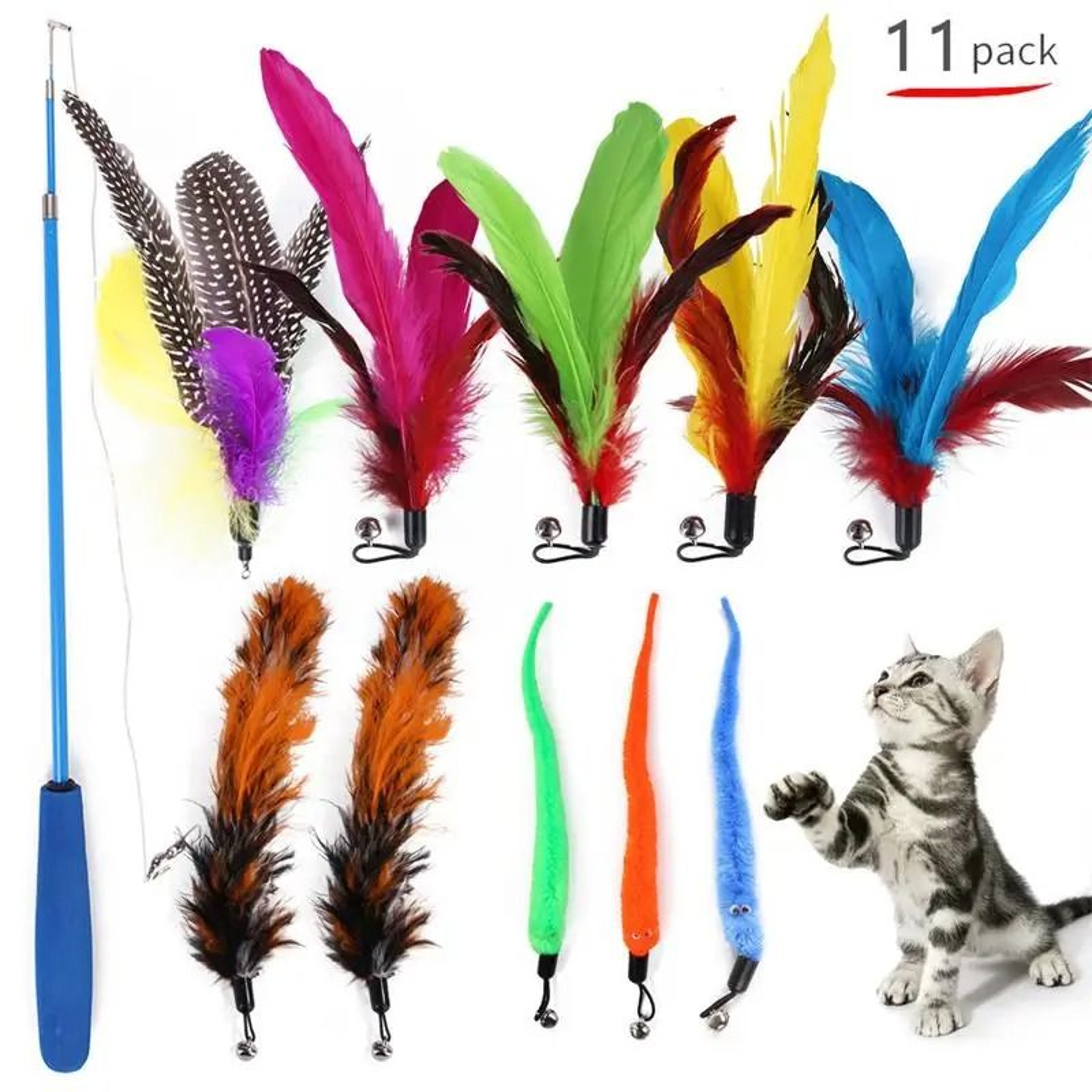11Pcs Interactive Cat Teaser Feather Toy Set Refill Heads Retractable Wand 6