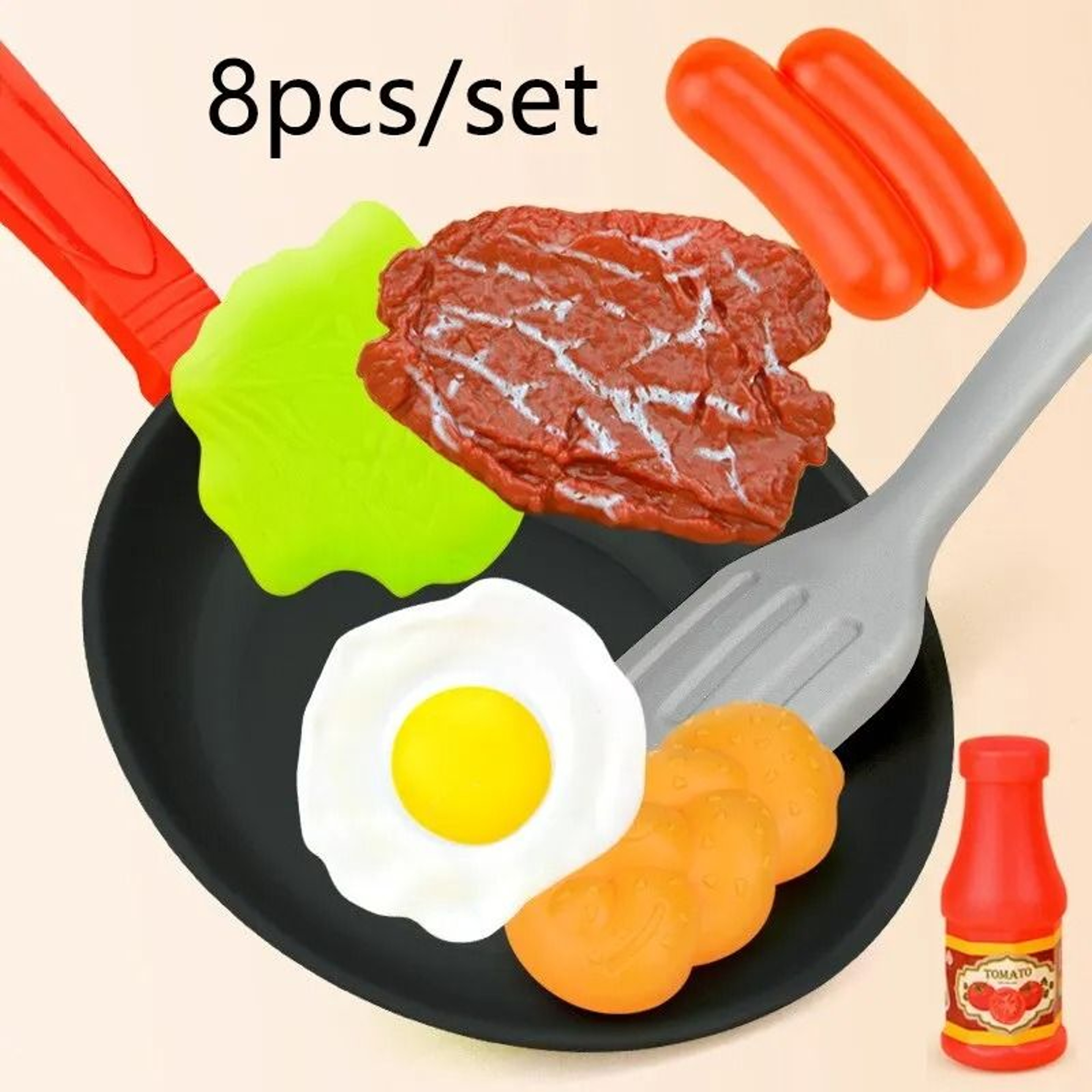 8Pcs Kids Pretend Play Kitchen Set Cooking Pot Steak Play Food Accessories 5