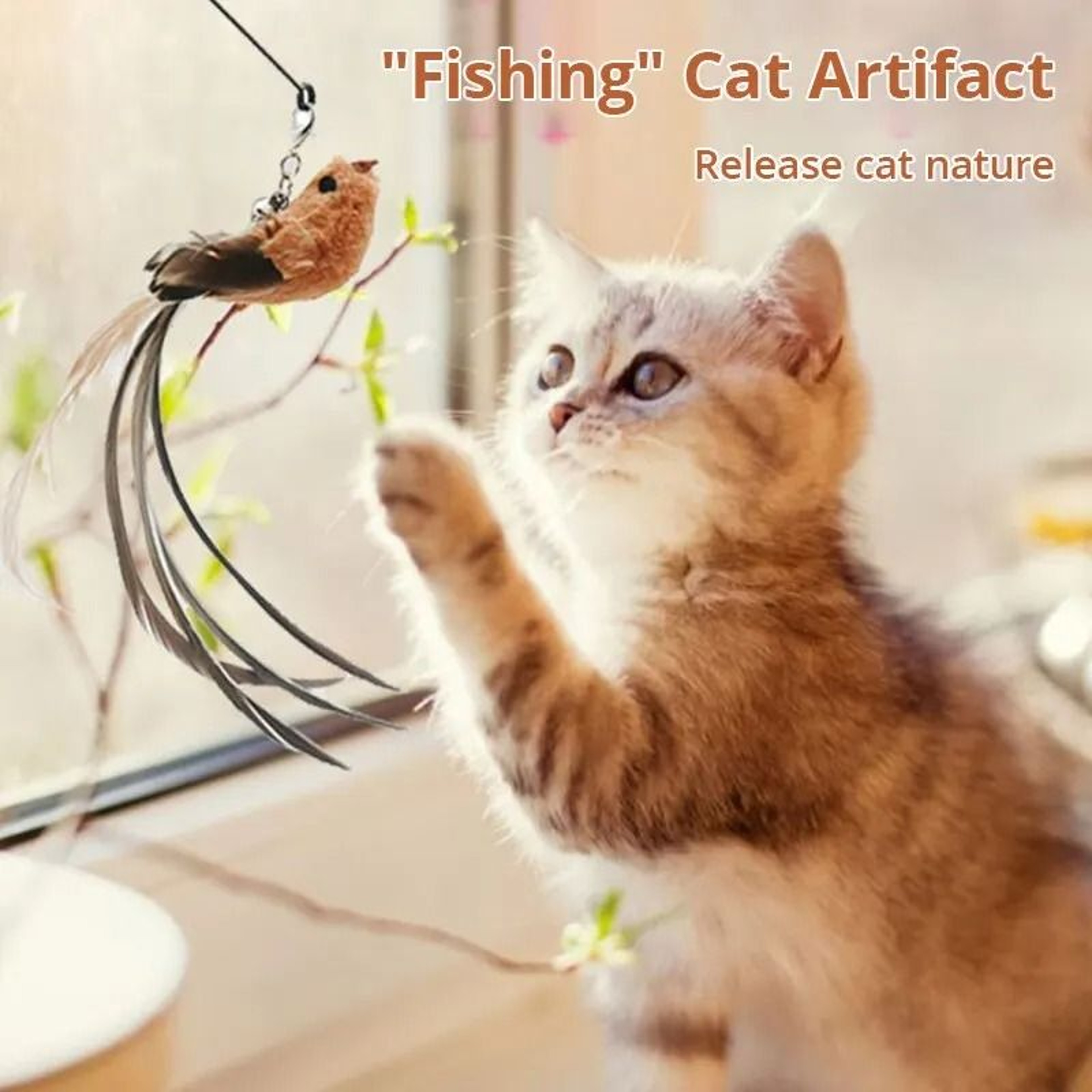 Self Playing Suction Cup Feather Cat Toy Wire Wand Teaser Stick 1