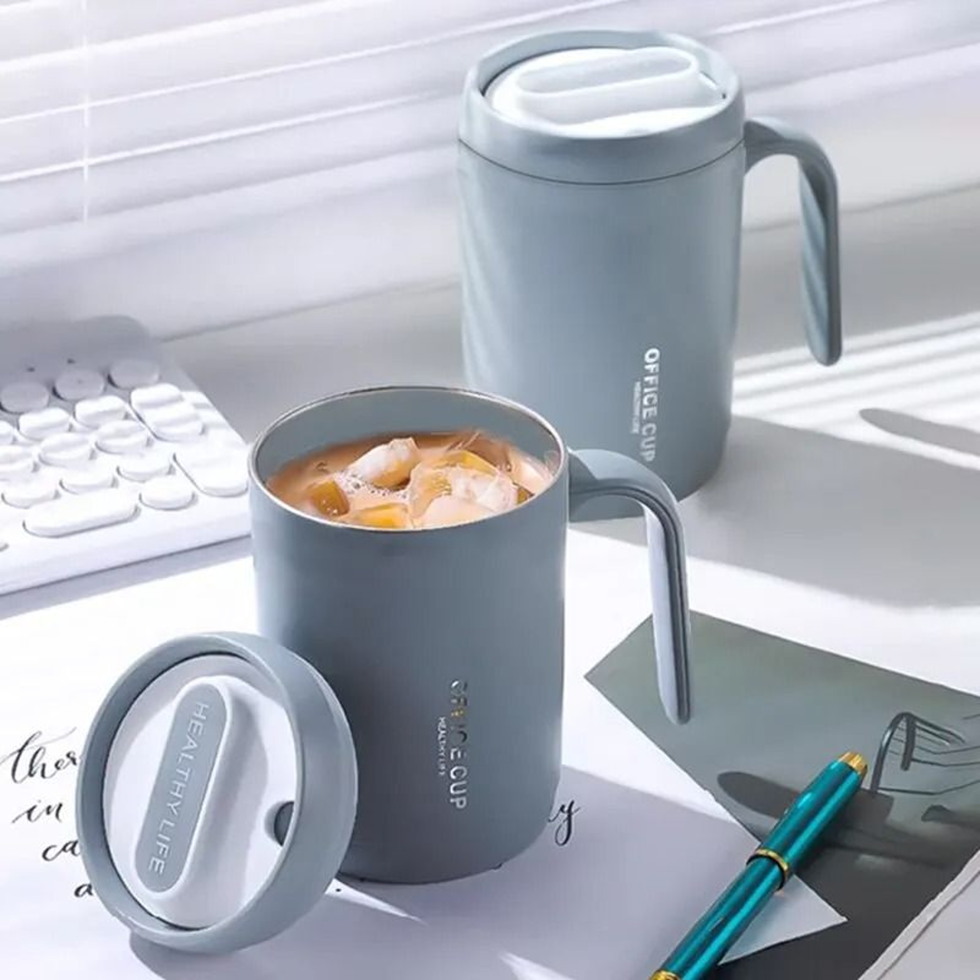 500ml Portable Grey Coffee Mug Spill Proof Lid Office Travel Drinking Cup 0