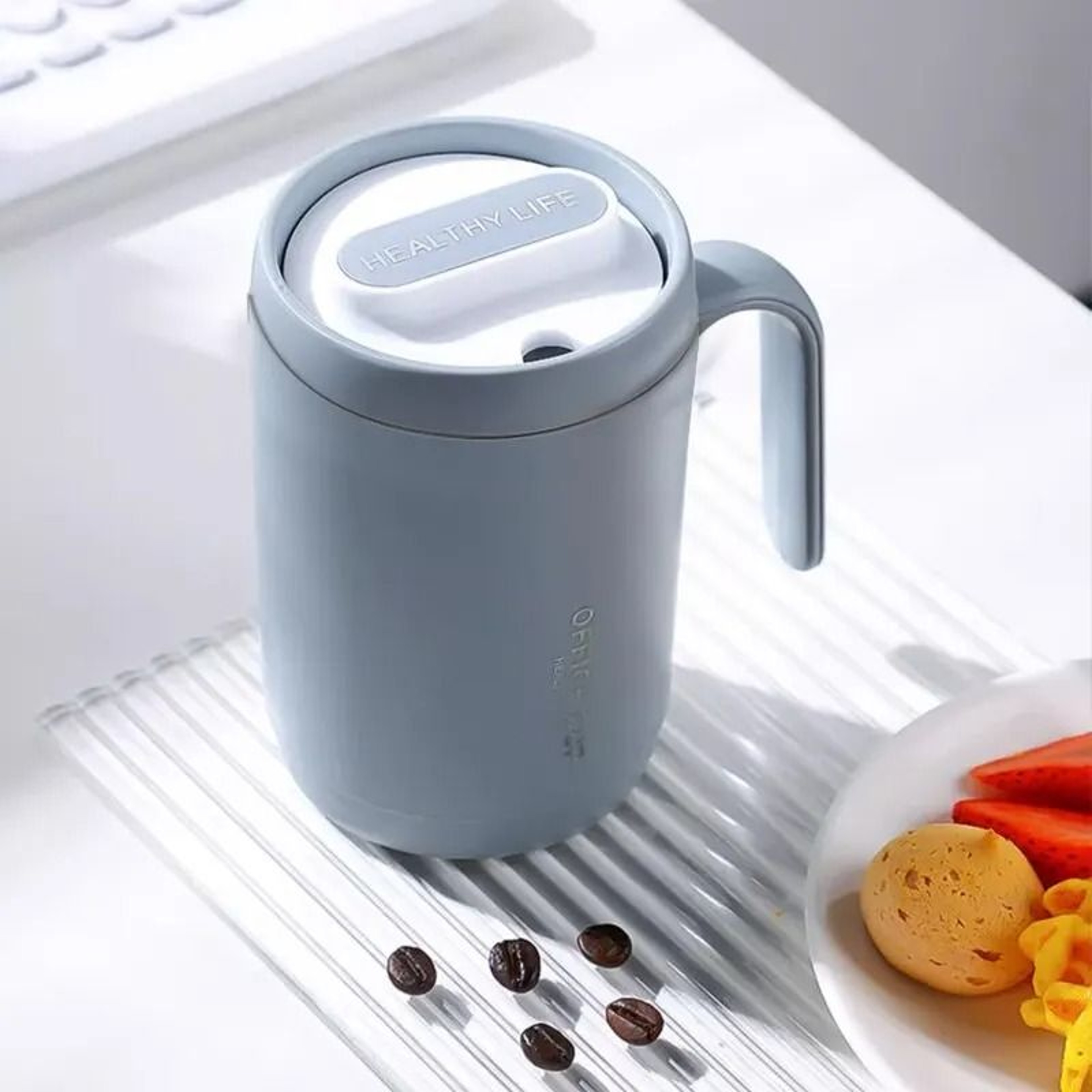 500ml Portable Grey Coffee Mug Spill Proof Lid Office Travel Drinking Cup 3