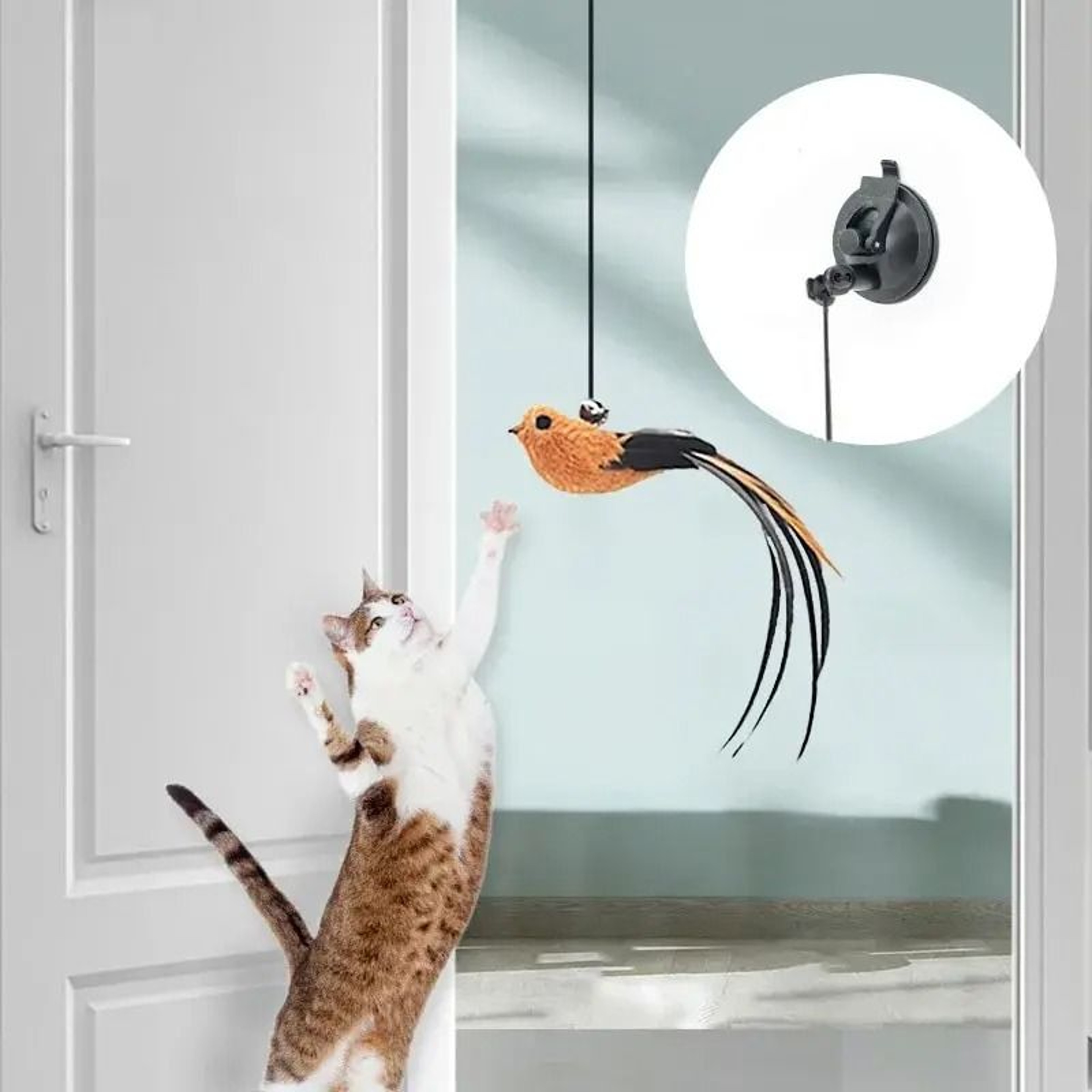 Interactive Feather Cat Teaser Toy Powerful Suction Cup Long Wire Wand 2