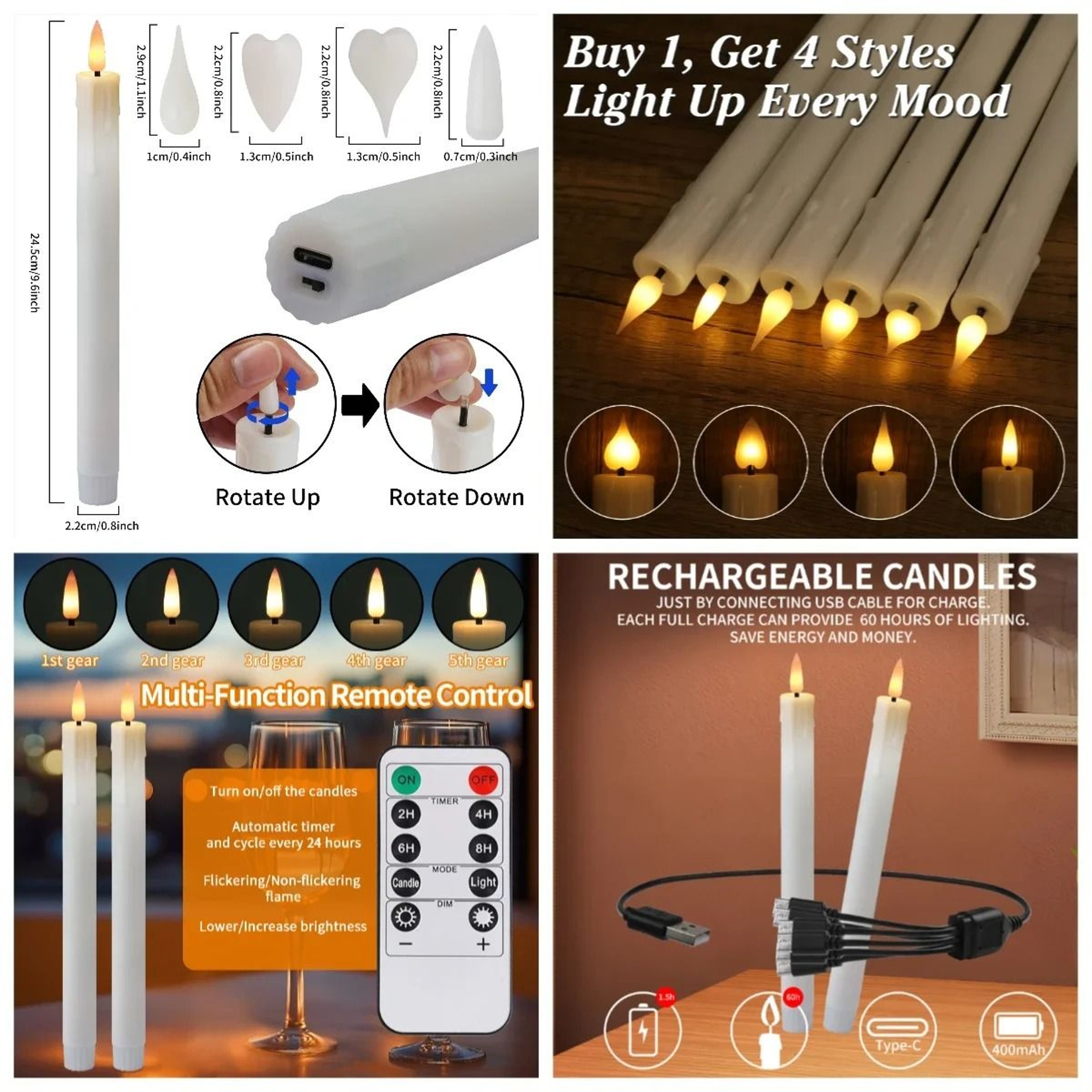 Flameless LED Taper Candles Remote Control Timer Flickering Candlesticks Set 2