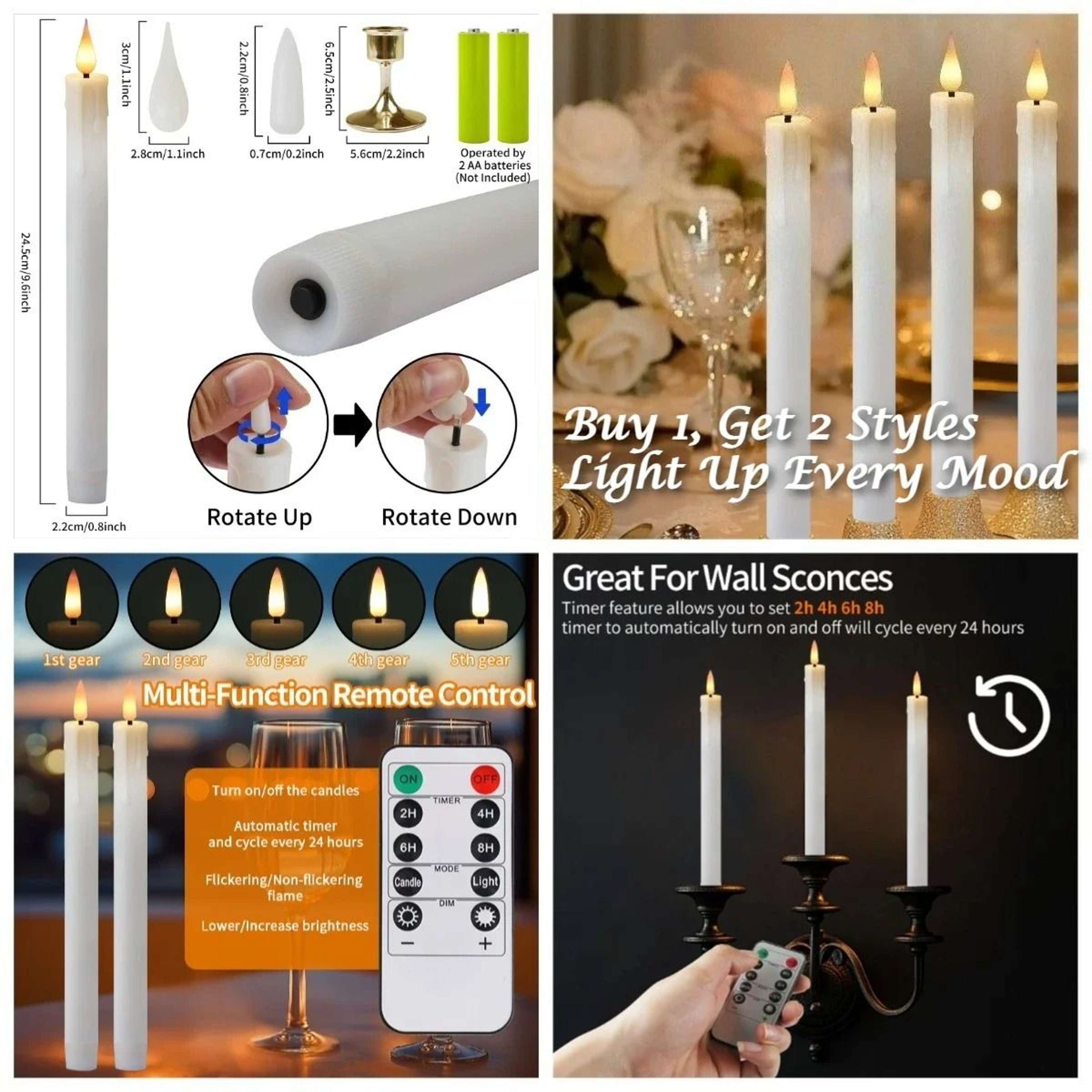Flameless LED Taper Candles Remote Control Timer Flickering Candlesticks Set 3