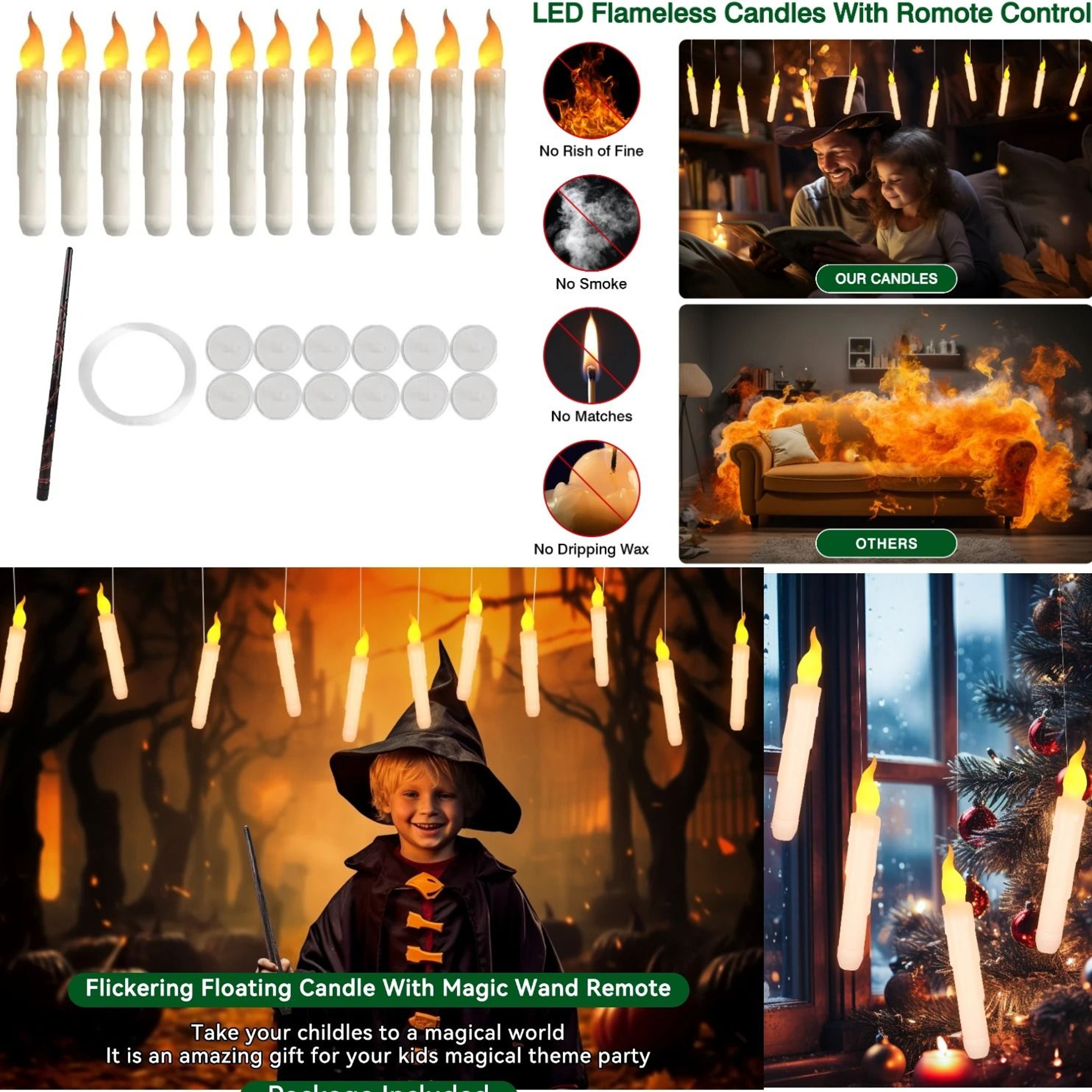 Floating Candles Magic Wand Remote Flickering Warm Light Flameless Taper Set 2