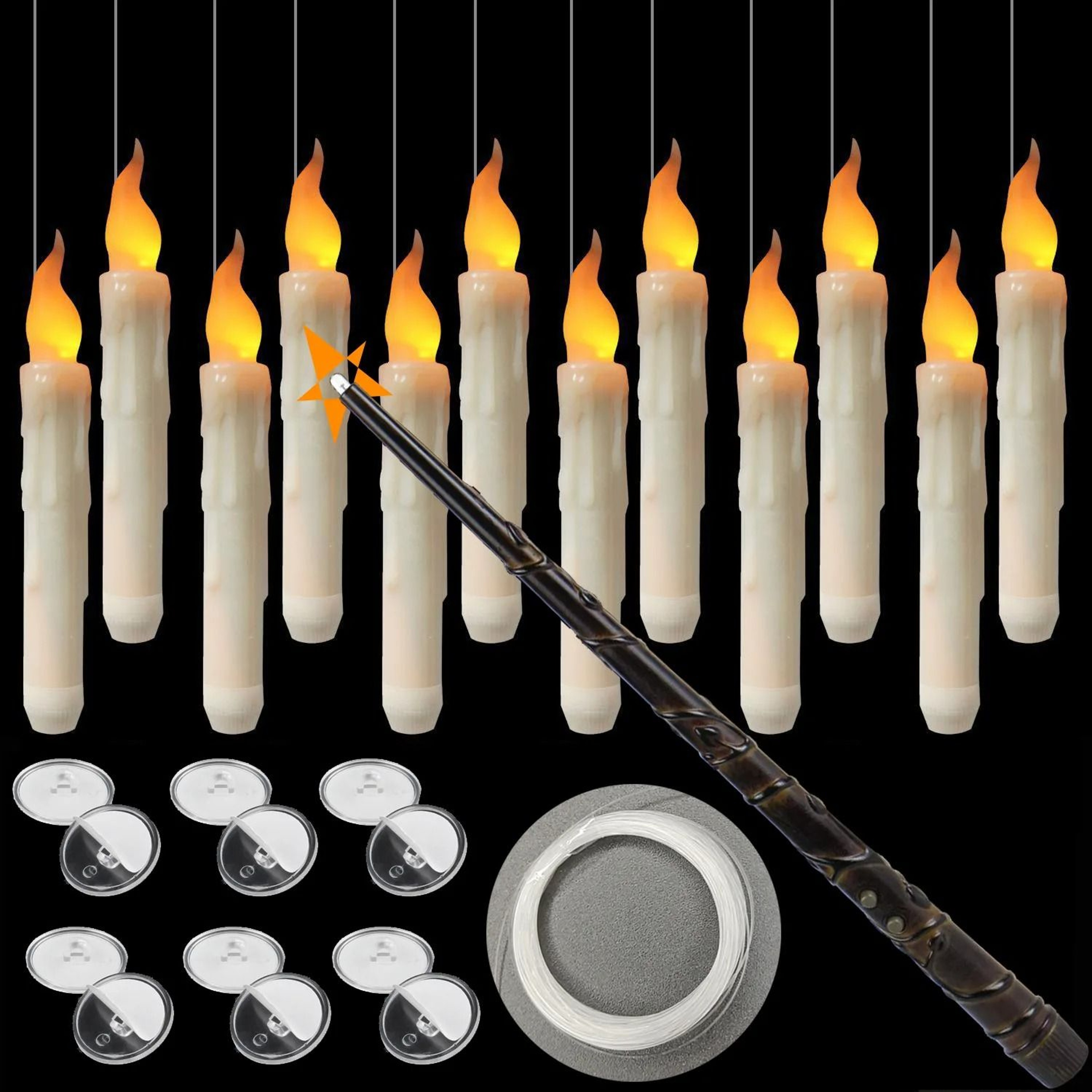 12 Pcs Magic Floating Candles Wand Remote Hanging LED Lights Halloween Decor 7