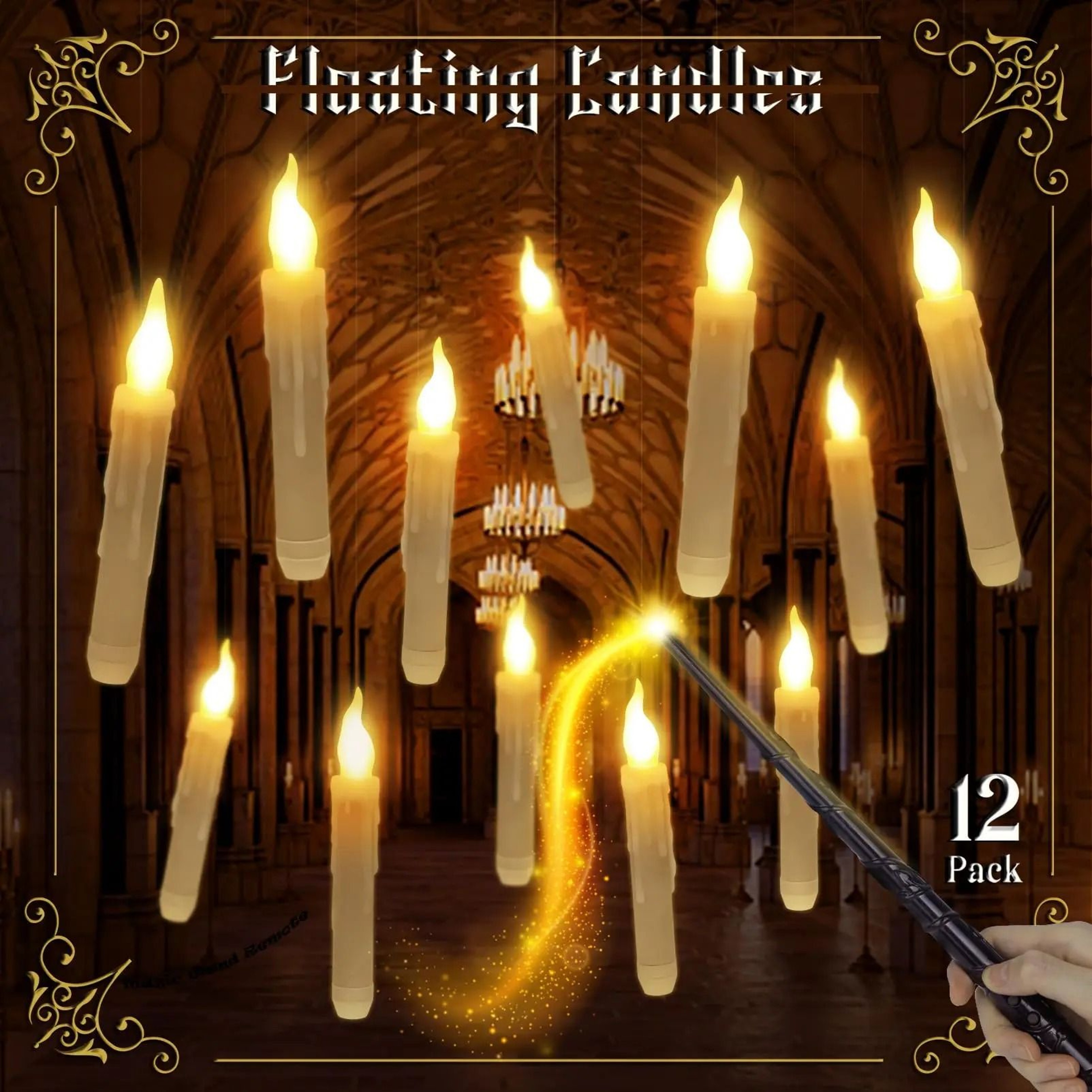12 Pcs Magic Floating Candles Wand Remote Hanging LED Lights Halloween Decor 0