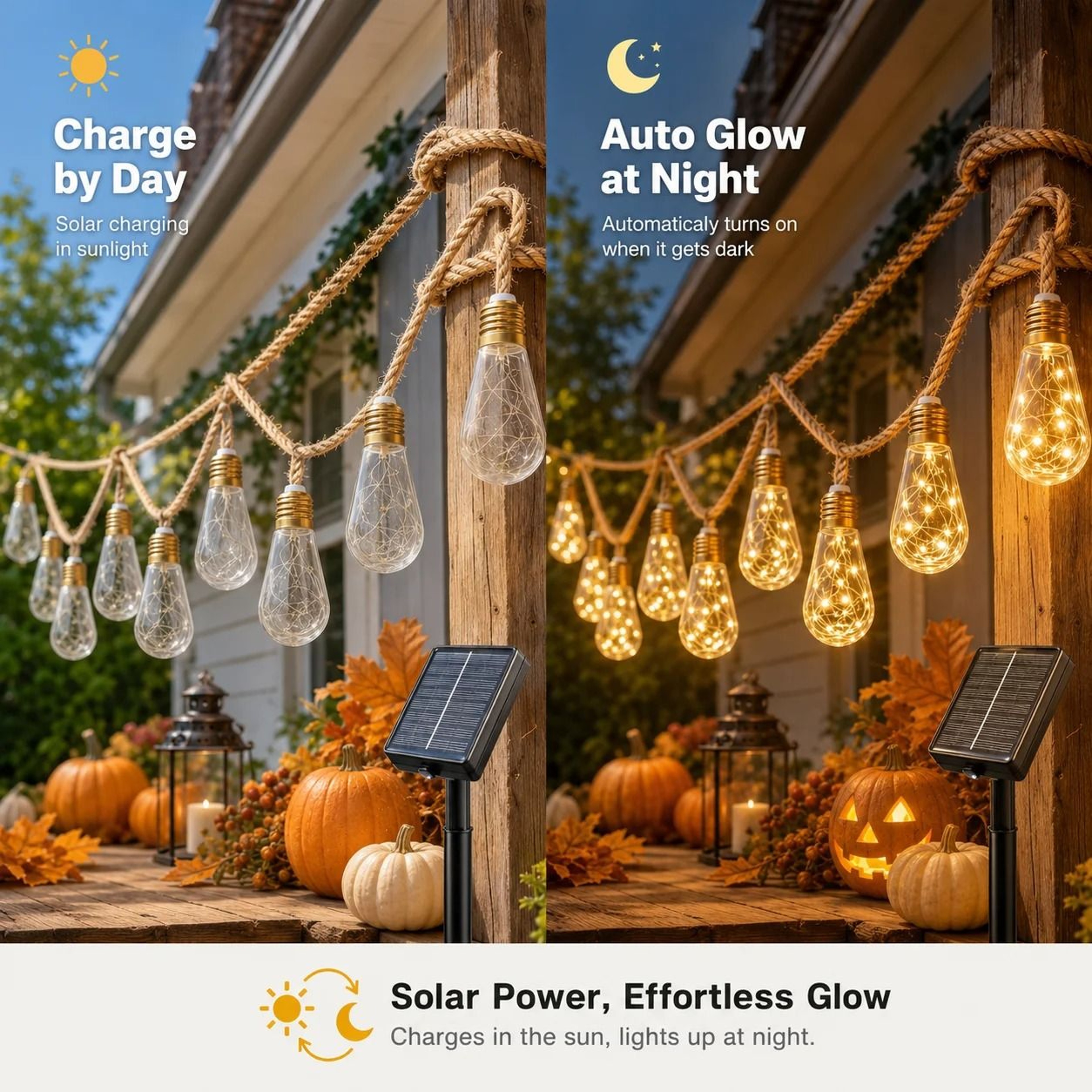 Solar Hemp Rope Edison Bulb Fairy String Lights Warm White Outdoor Garden Decor 3