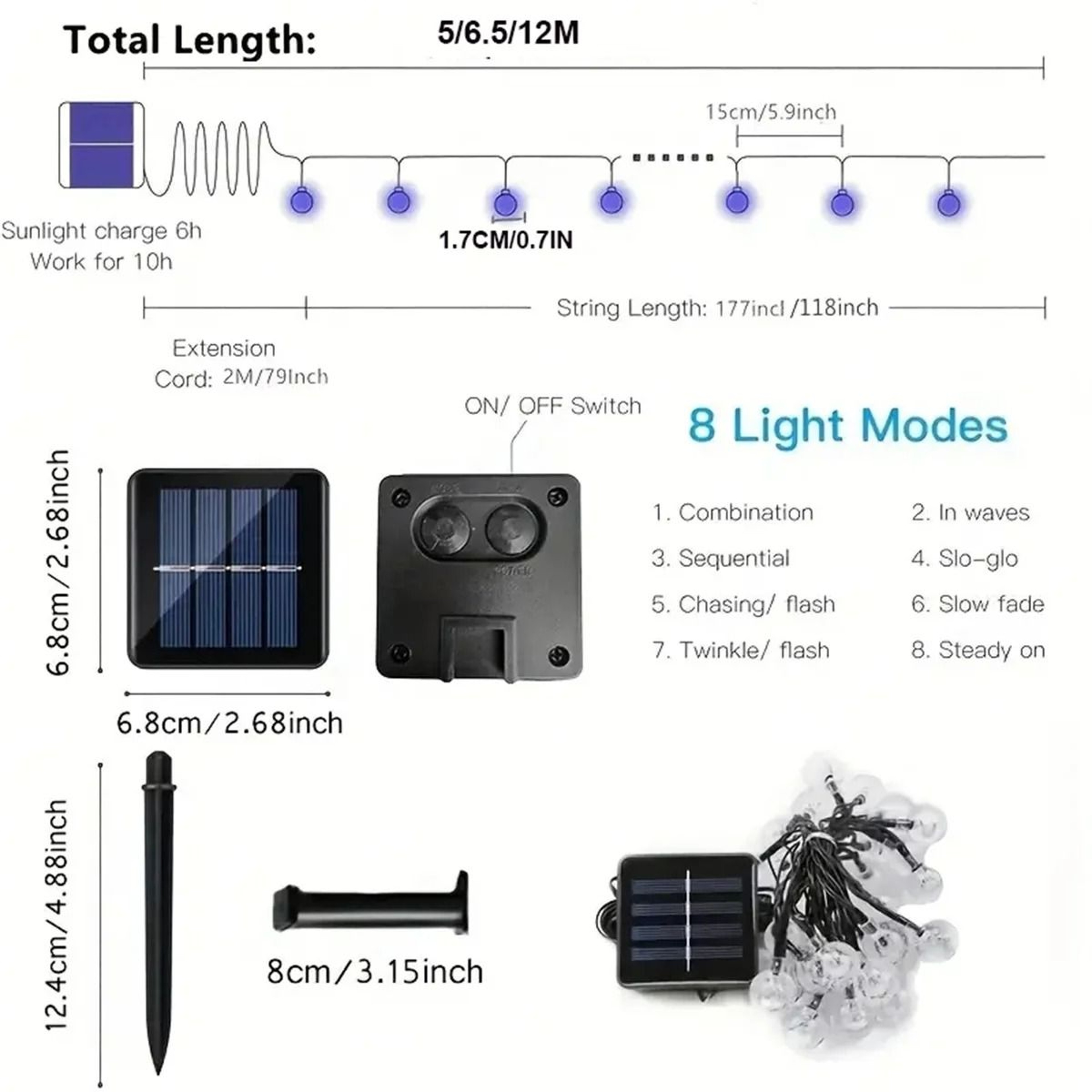 Solar Outdoor Bubble Ball String Lights 8 Modes Waterproof LED Fairy Lamp 5