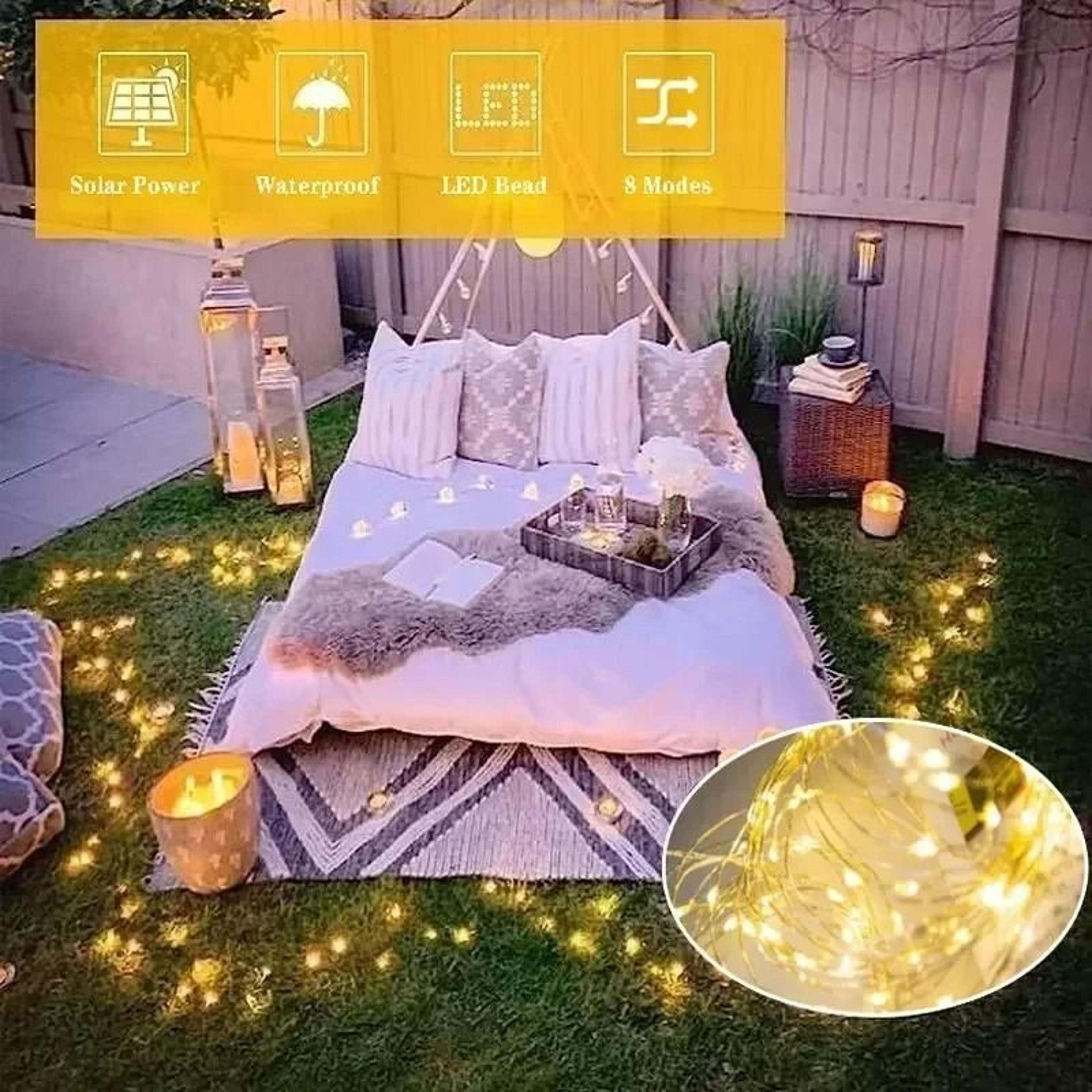 Solar Outdoor Copper Wire LED Fairy String Lights 8 Modes IP65 Waterproof Garden Decor 4