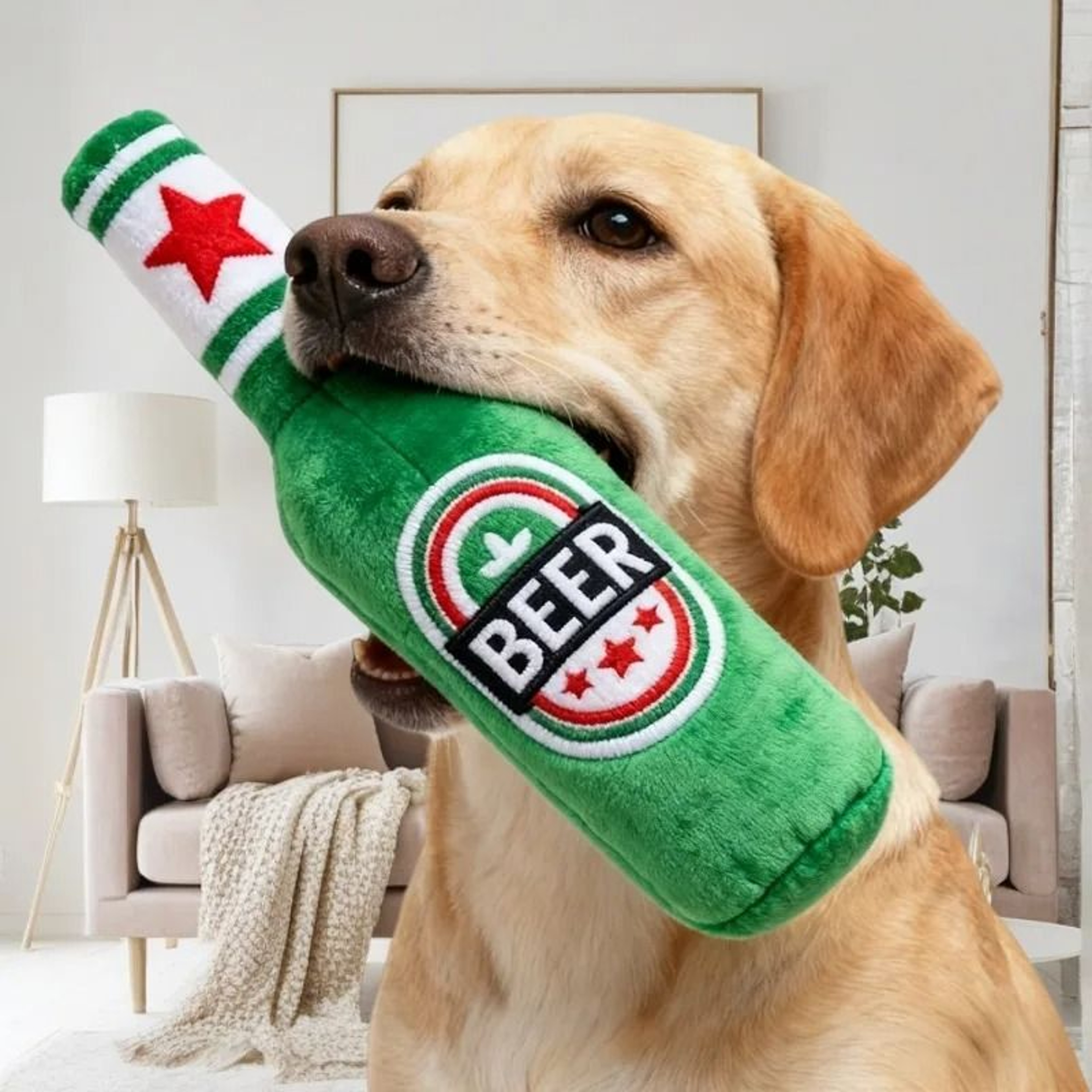 Funny Simulation Beer Bottle Plush Squeaky Dog Toy 0