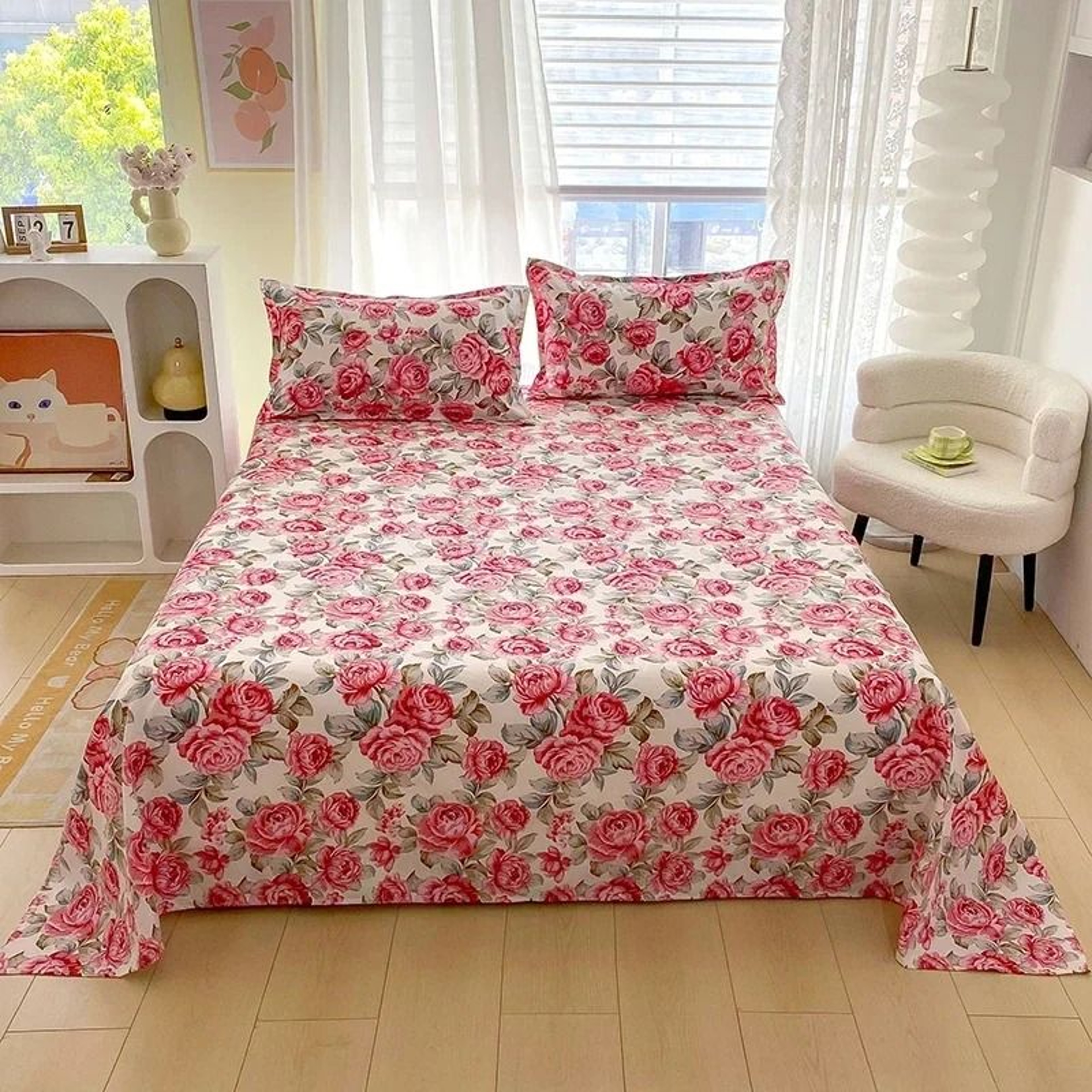 Red Flower Printed Flat Bed Sheet Reactive Printed Microfiber Top Sheet 0