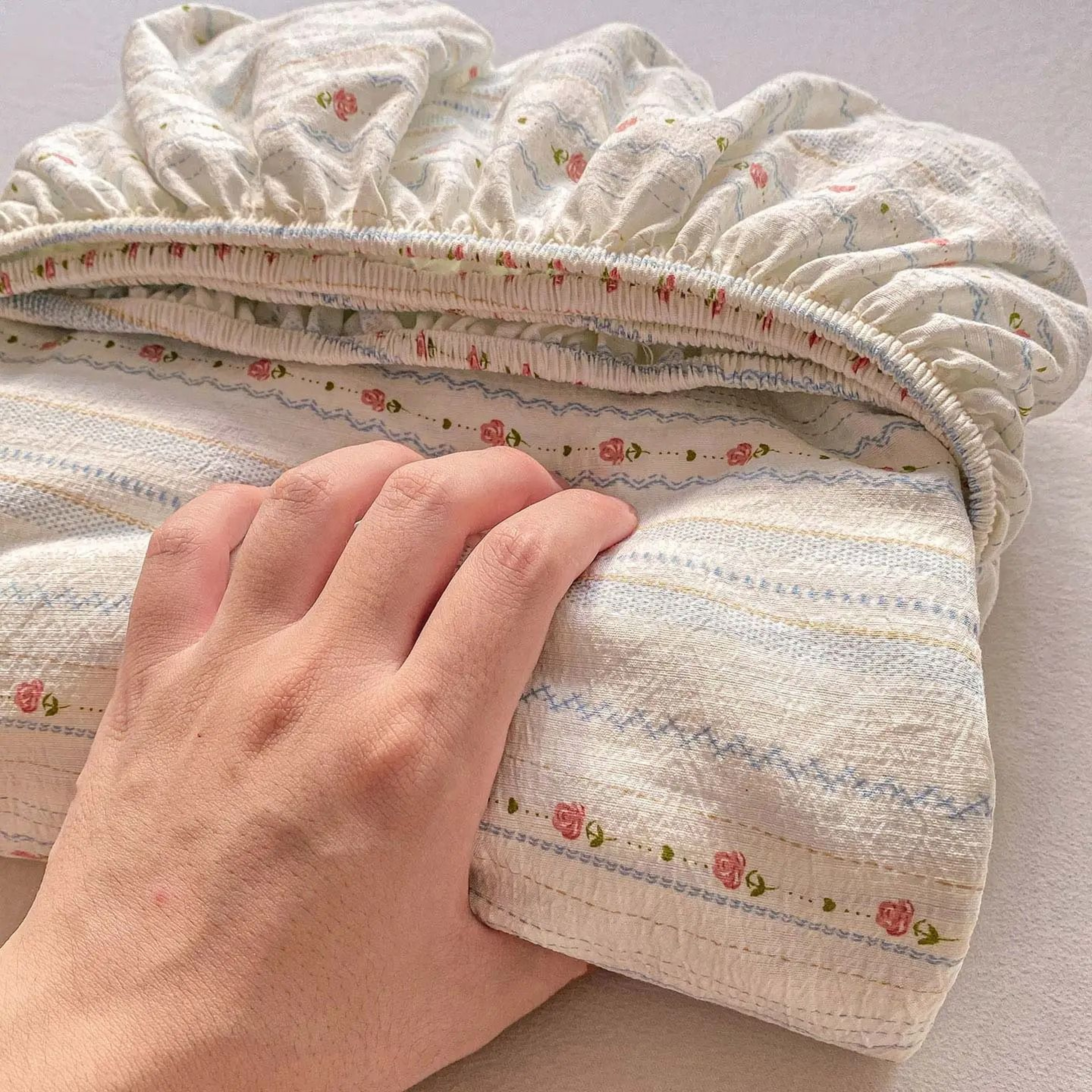 Washed Pure Cotton Printed Fitted Bed Sheet NonSlip Elastic Mattress Cover 19