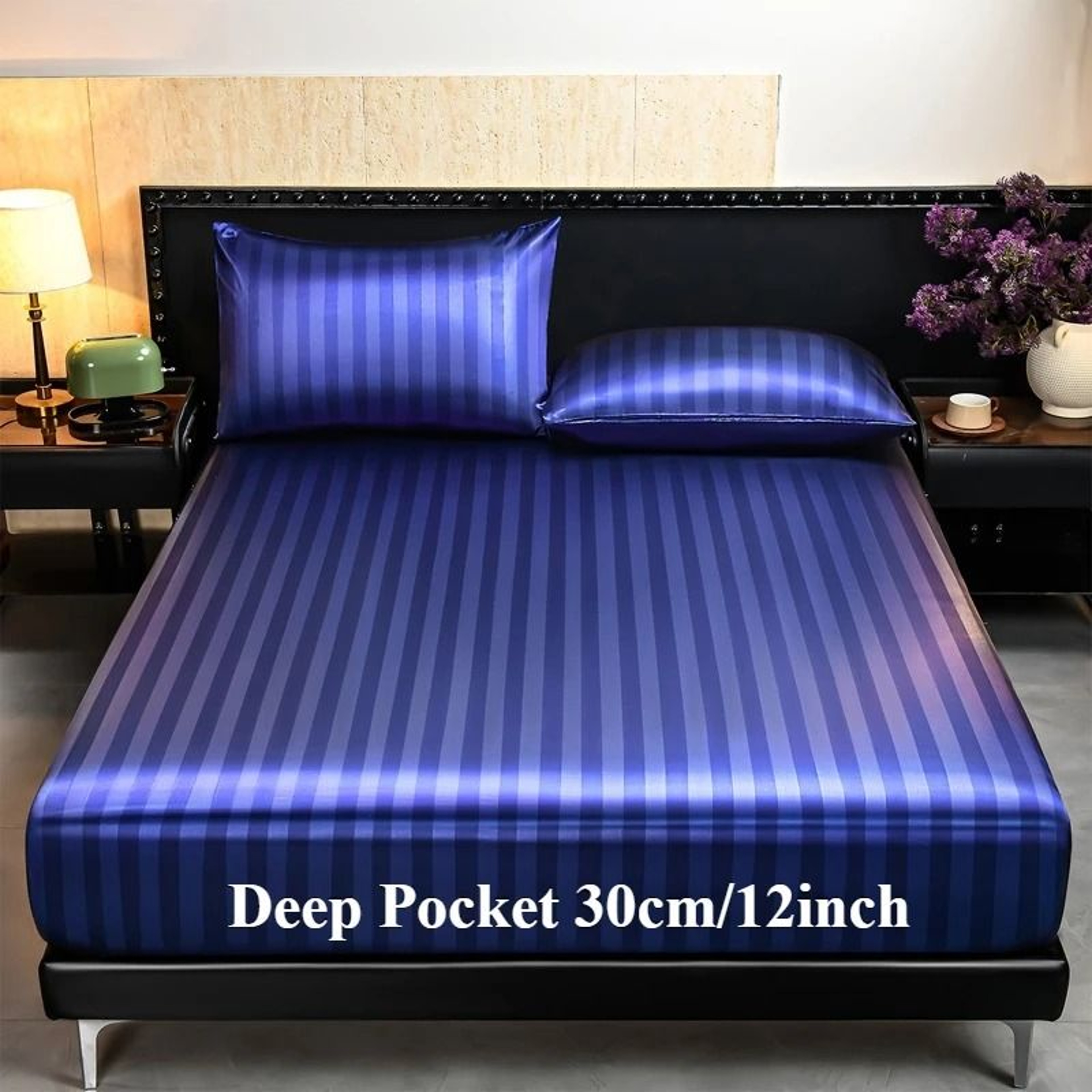 Luxury Satin Striped Silky Soft Fitted Sheet Deep Pocket Mattress Cover 2