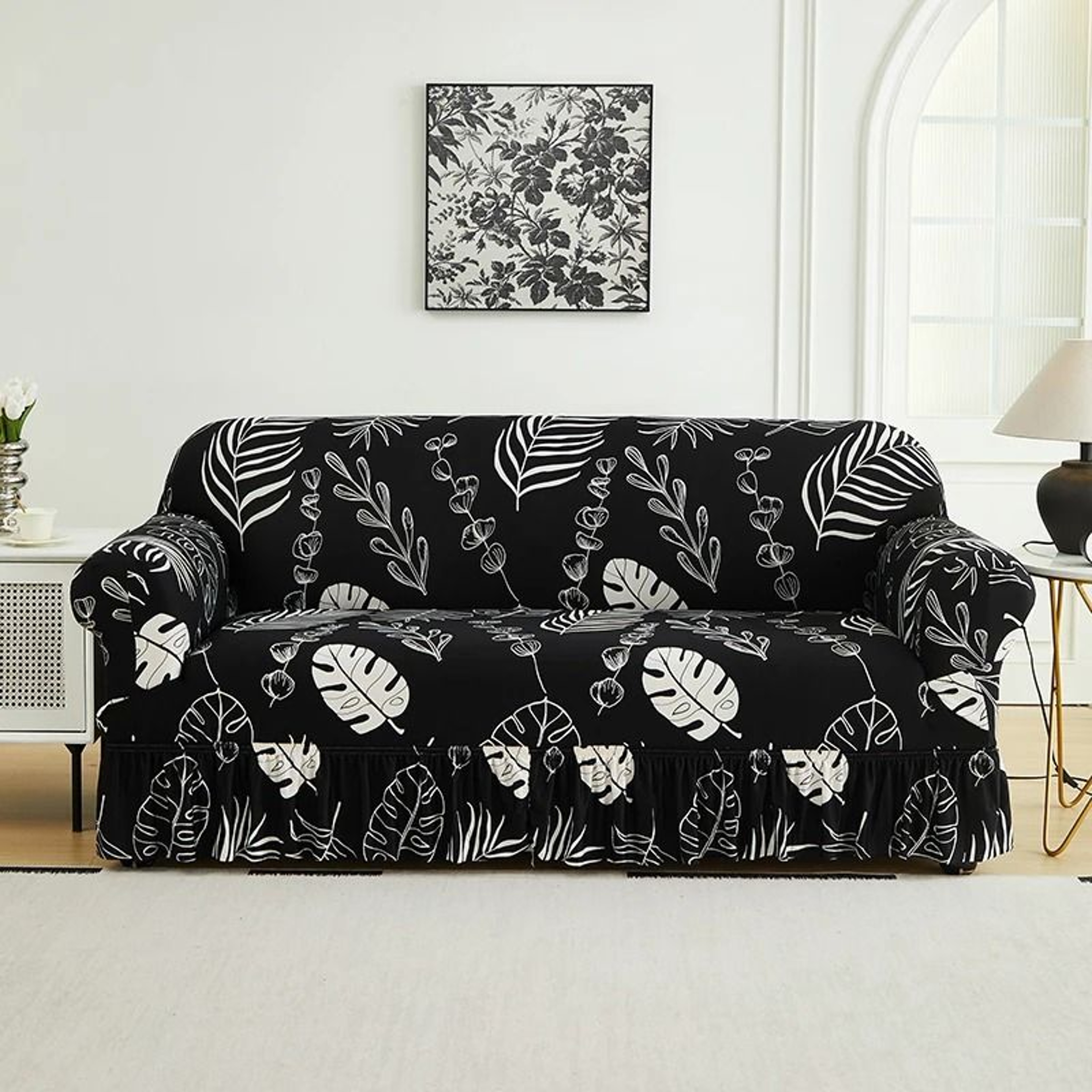 Printed Full Coverage Elastic Sofa Cover With Skirt Decorative Stretch Couch Slipcover 7
