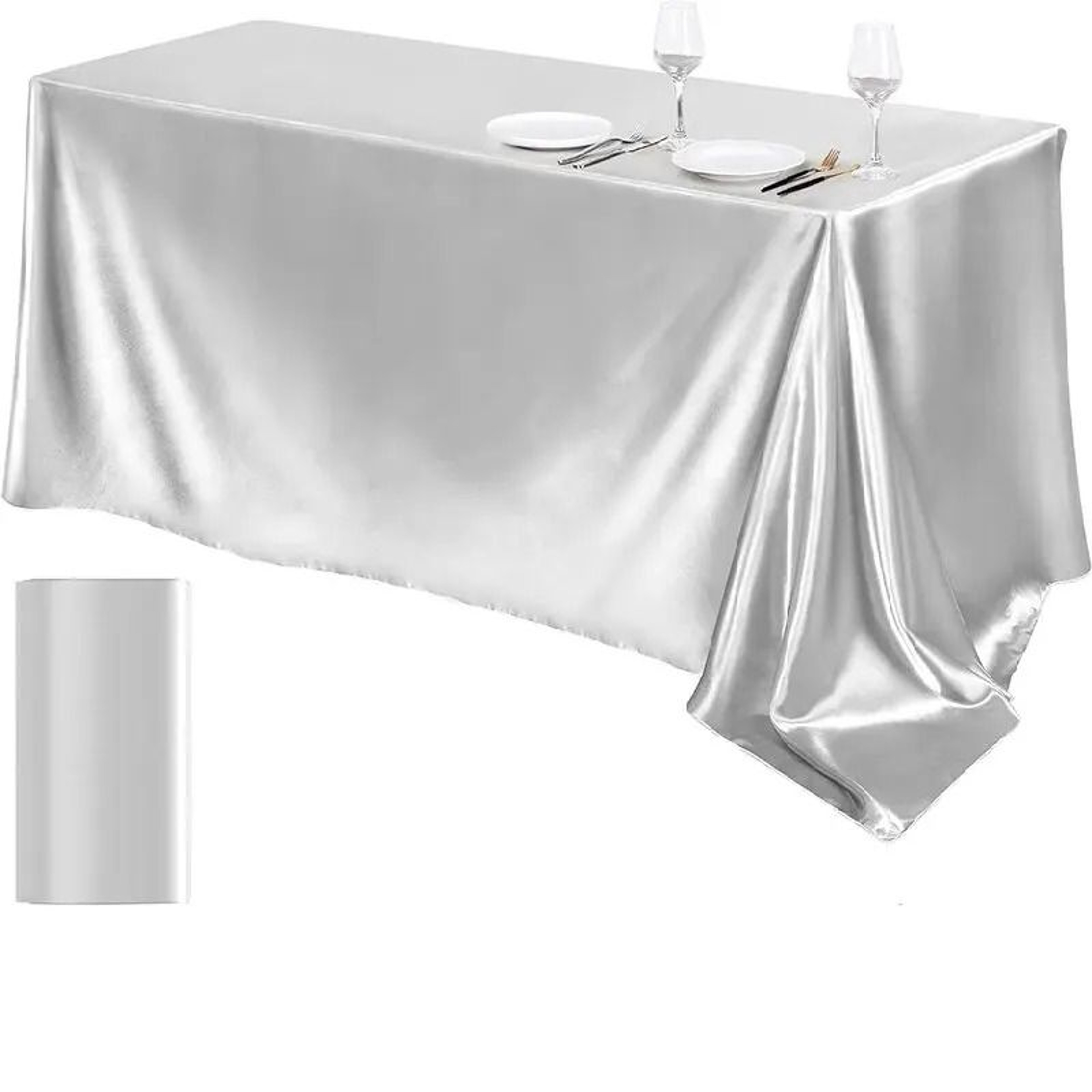 Silver Satin Rectangle Tablecloth Lustrous SilkSmooth Table Cover For Christmas Weddings  Party Ban 0