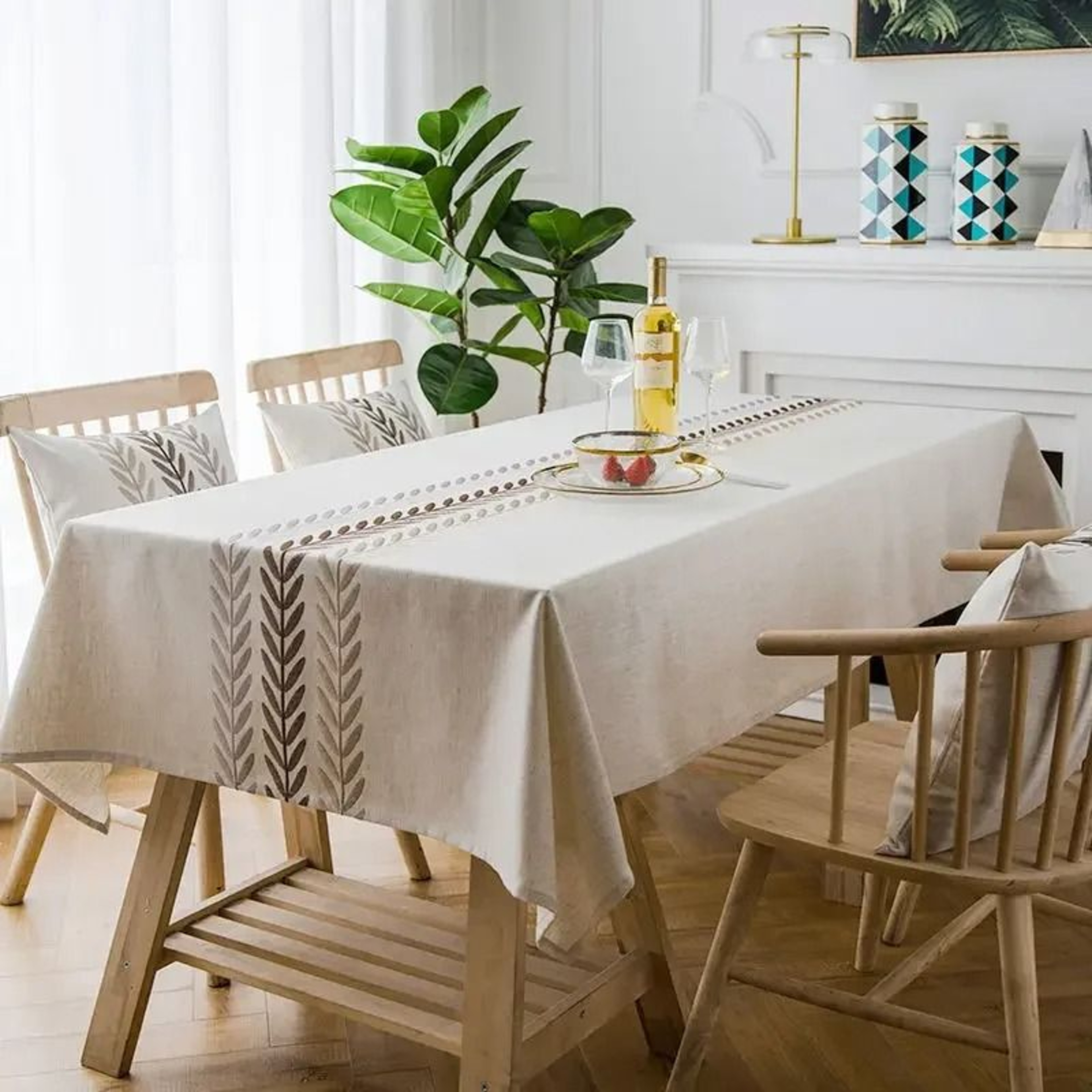 Rustic Embroidery Cotton Linen Tablecloth Waterproof Coffee Leaves Pattern Rectangle Table Cover 12