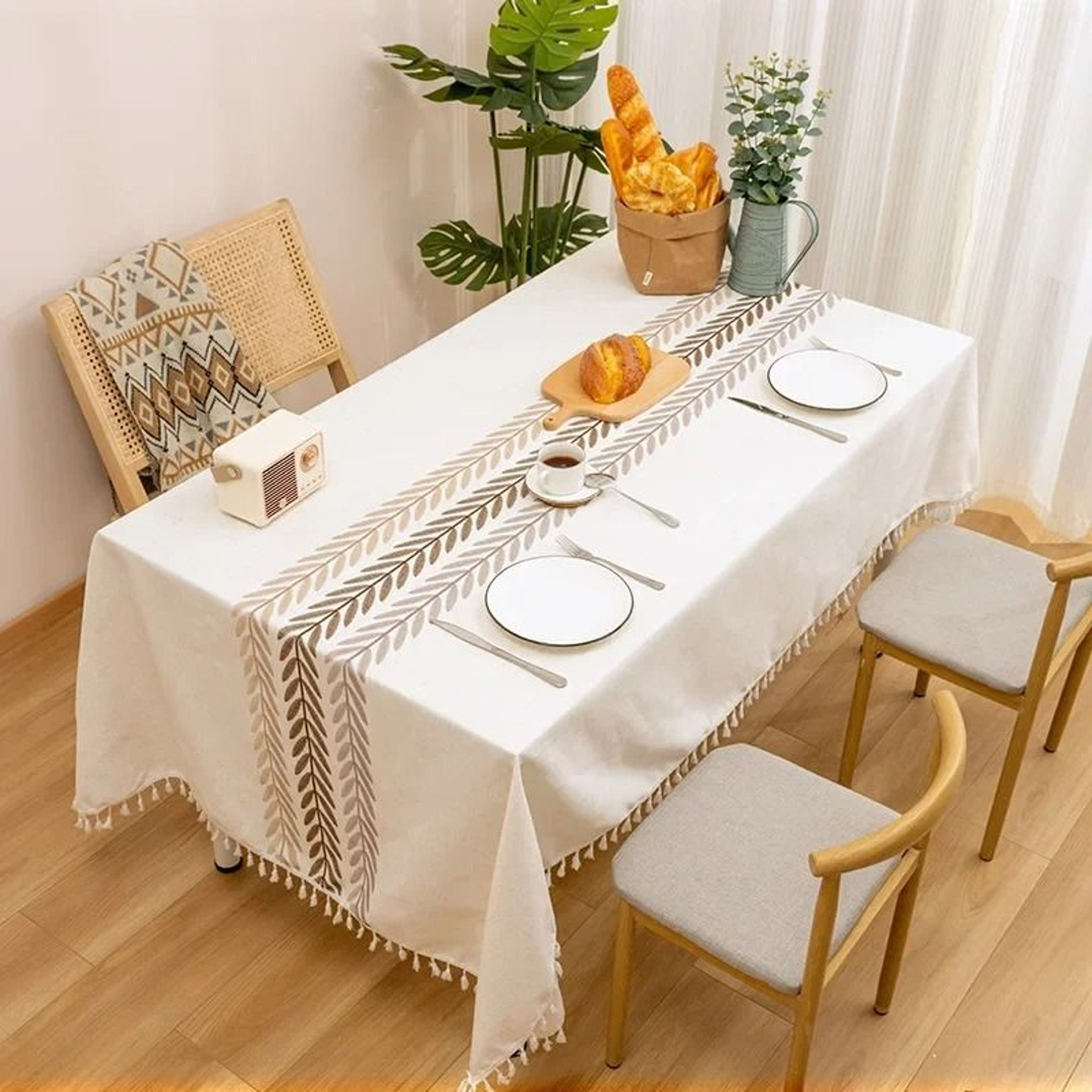 Rustic Embroidery Cotton Linen Tablecloth Waterproof Coffee Leaves Pattern Rectangle Table Cover 3