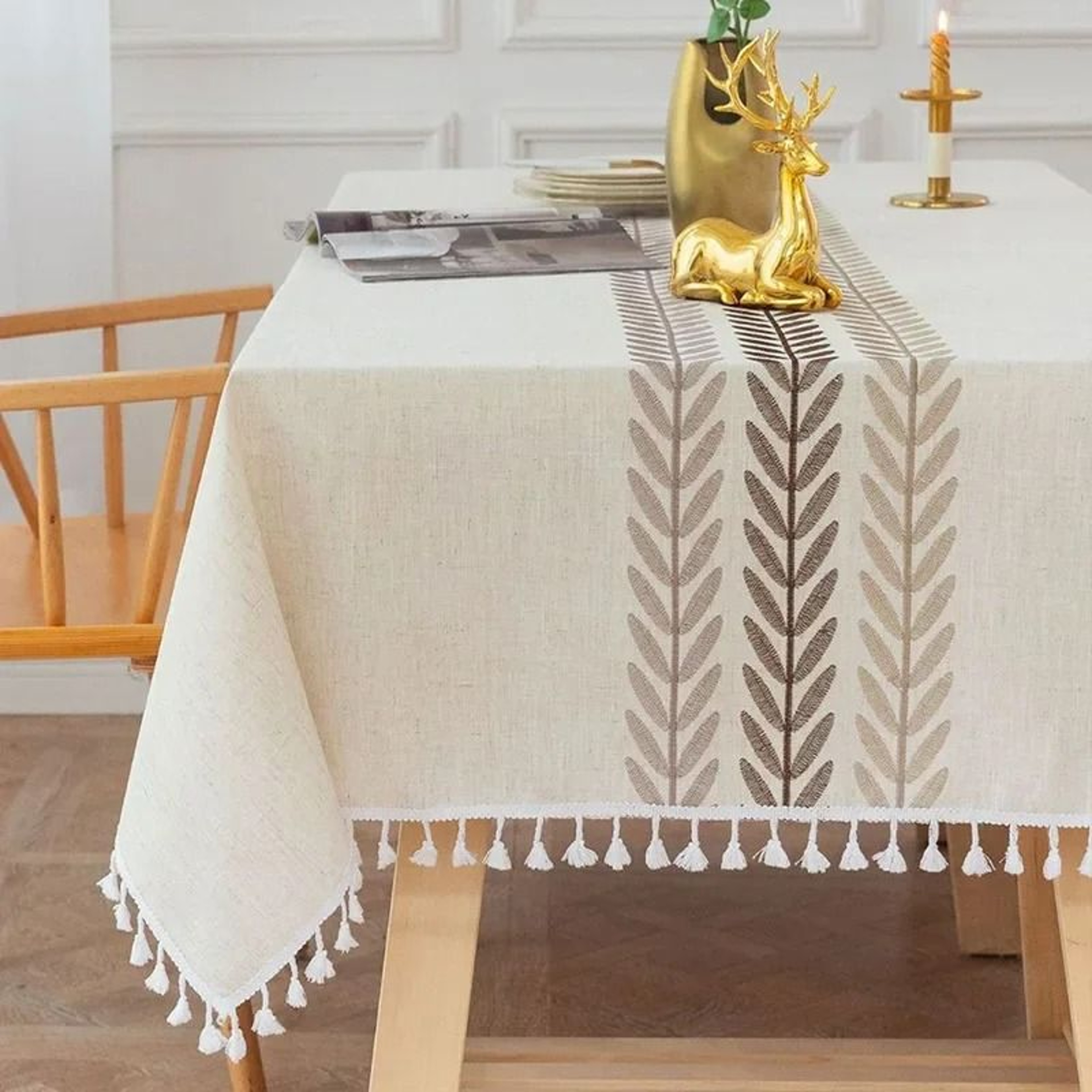 Rustic Embroidery Cotton Linen Tablecloth Waterproof Coffee Leaves Pattern Rectangle Table Cover 13
