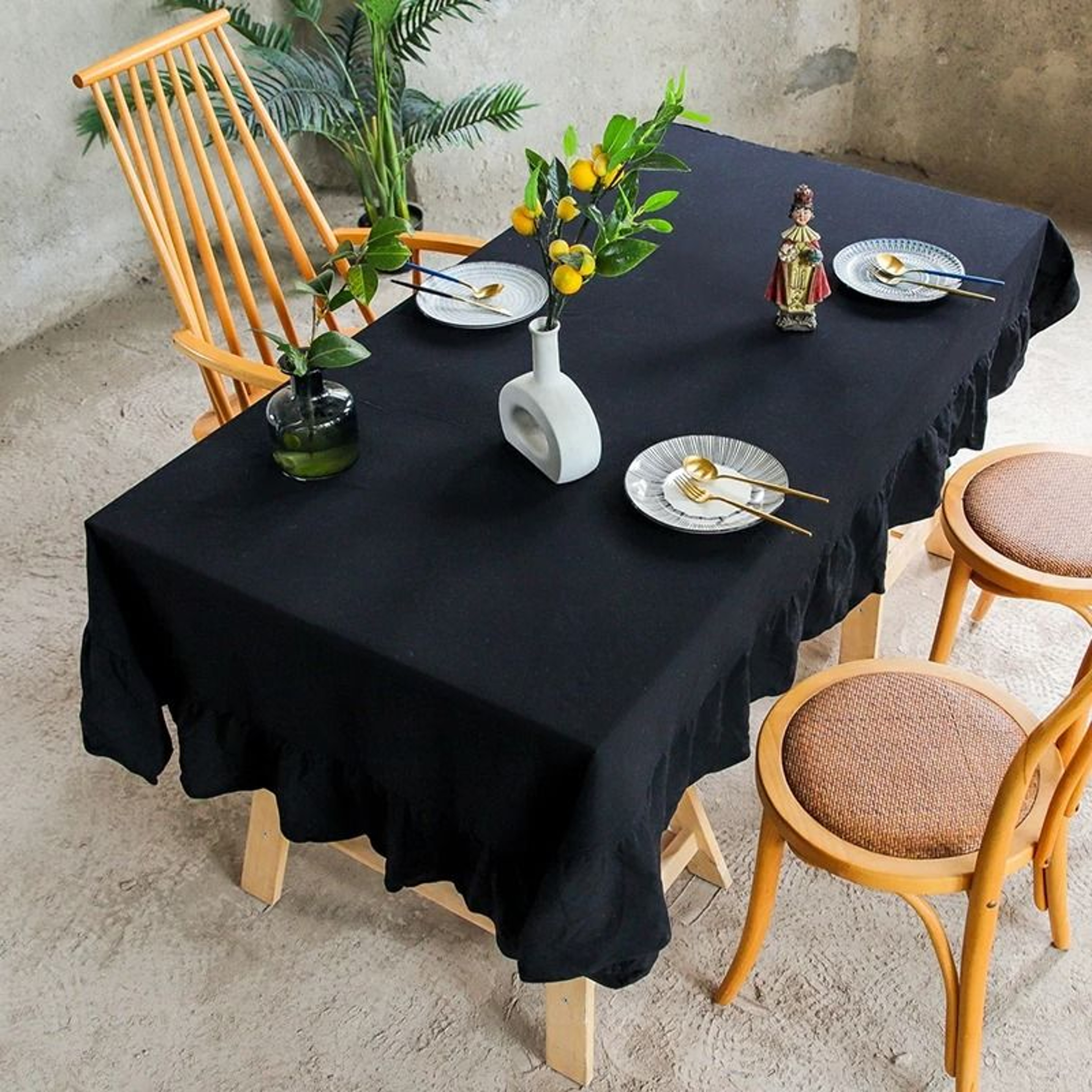 Rectangular  Round Ruffled Cotton Tablecloth Festive Table Cover For Weddings Holidays Parties  Din 8