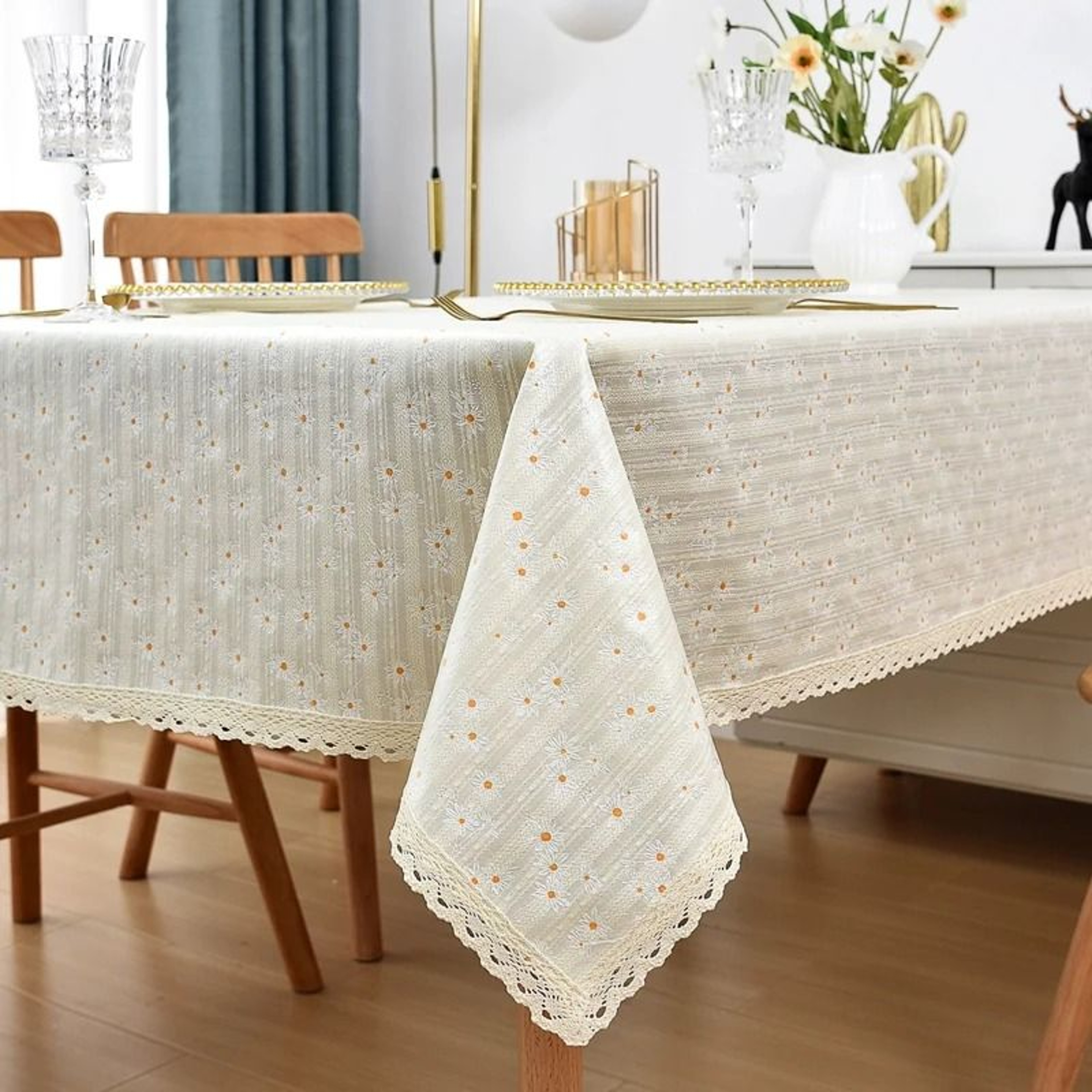 Beige Daisy Lace Tassels Cotton Tablecloth Rustic Boho Rectangle Table Cover For Tea Tables Kitchen 1