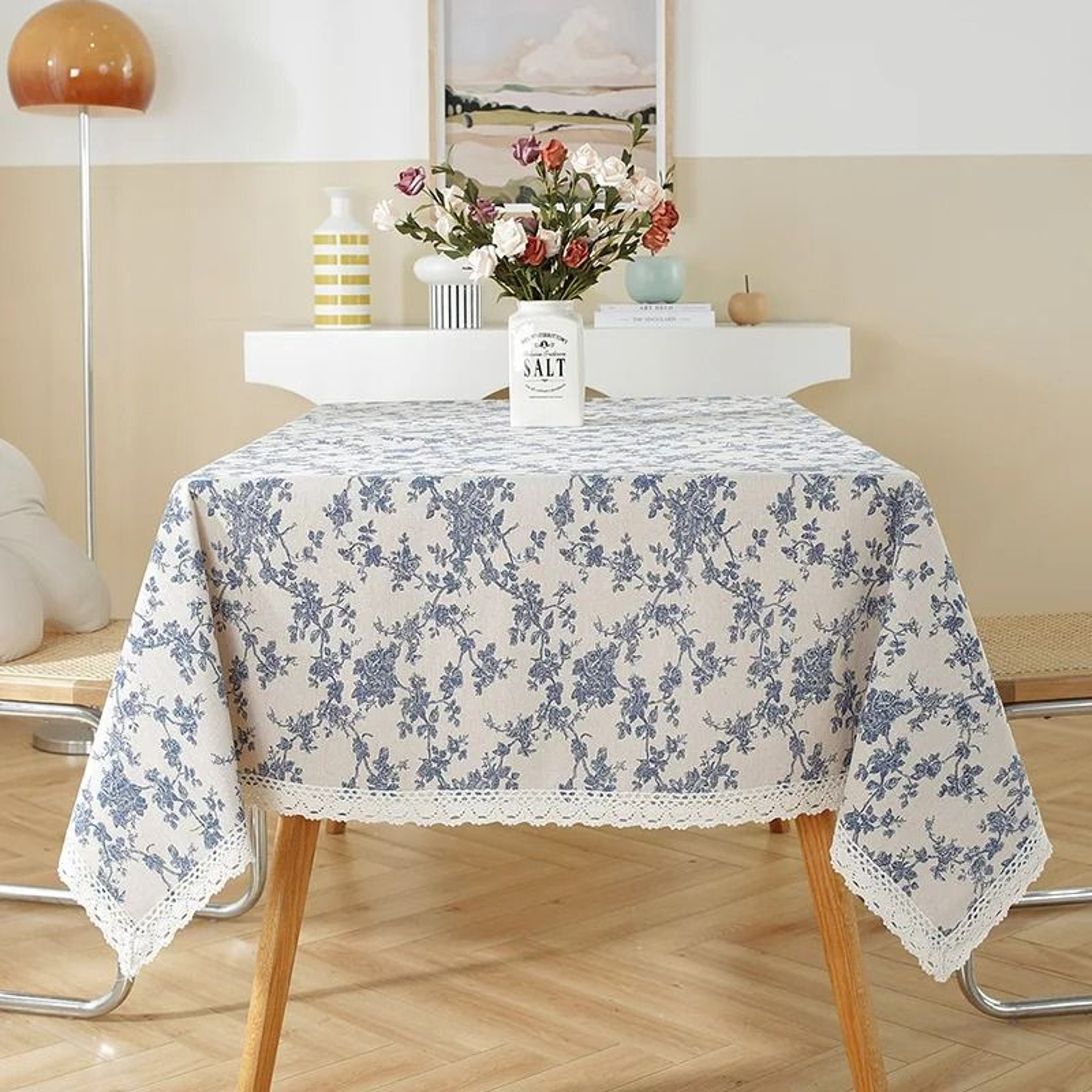 Beige Daisy Lace Tassels Cotton Tablecloth Rustic Boho Rectangle Table Cover For Tea Tables Kitchen 16