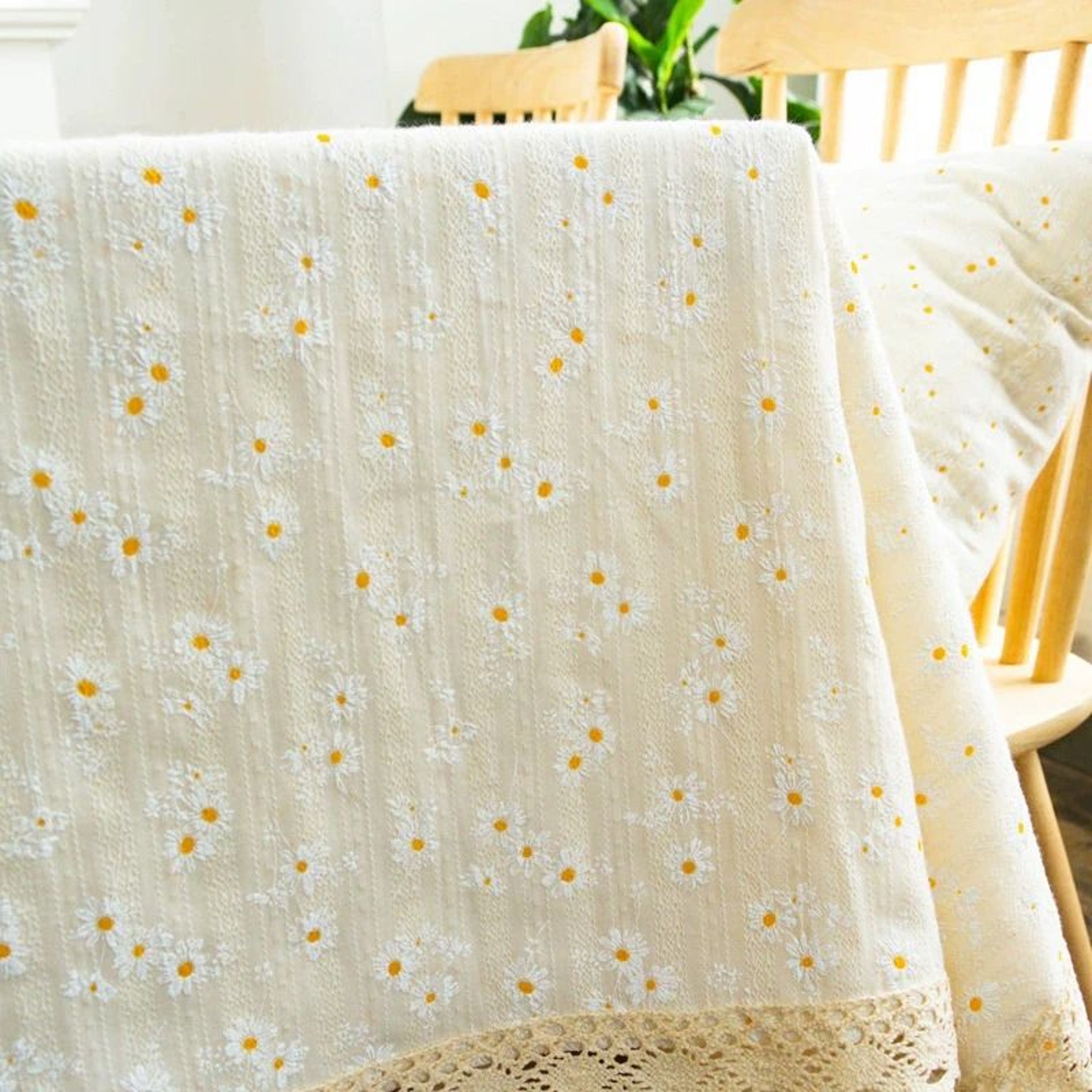 Beige Daisy Lace Tassels Cotton Tablecloth Rustic Boho Rectangle Table Cover For Tea Tables Kitchen 2