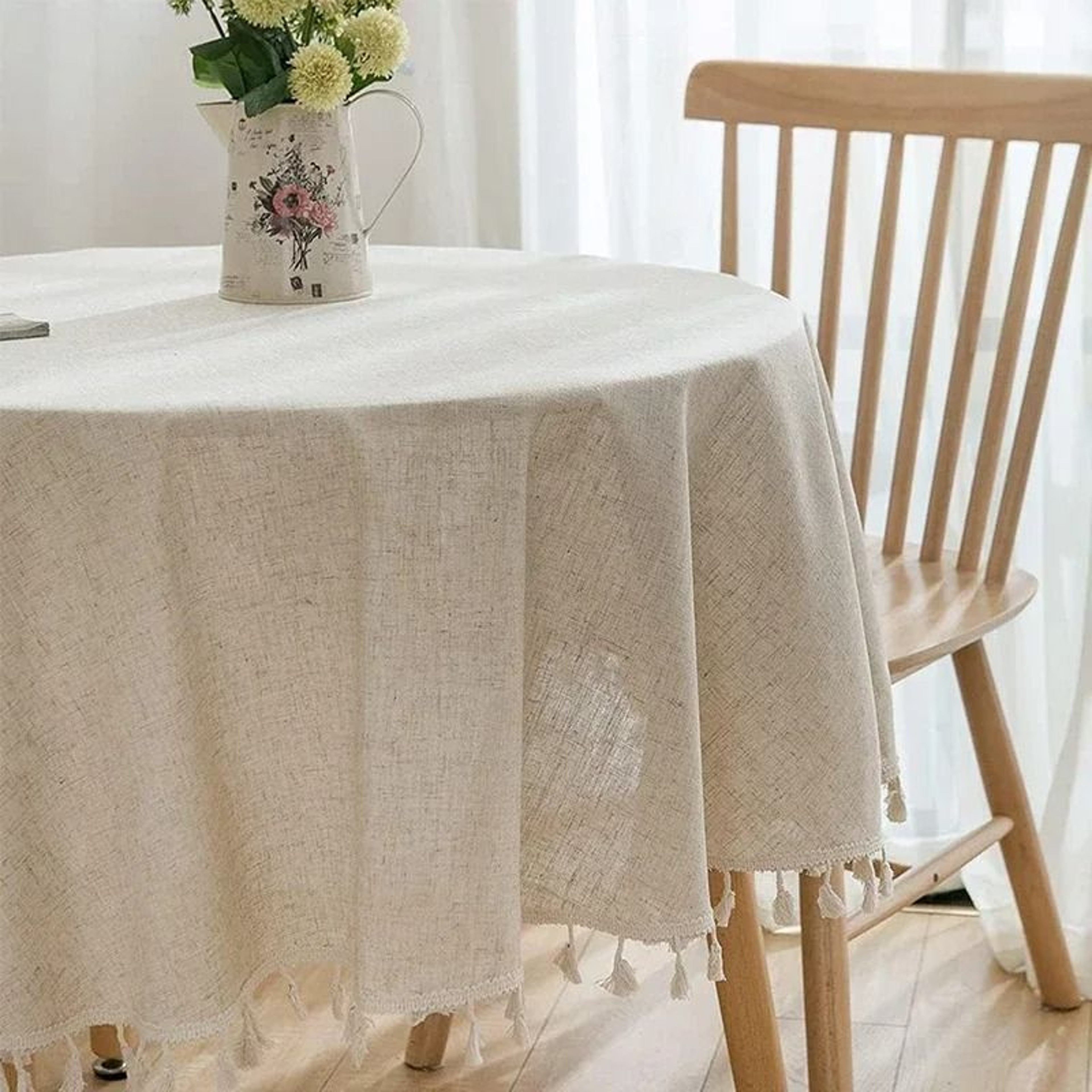Solid Color Round Cotton Linen Tablecloth Tassel DustProof Table Cover For Kitchen Dining  Farmhous 0