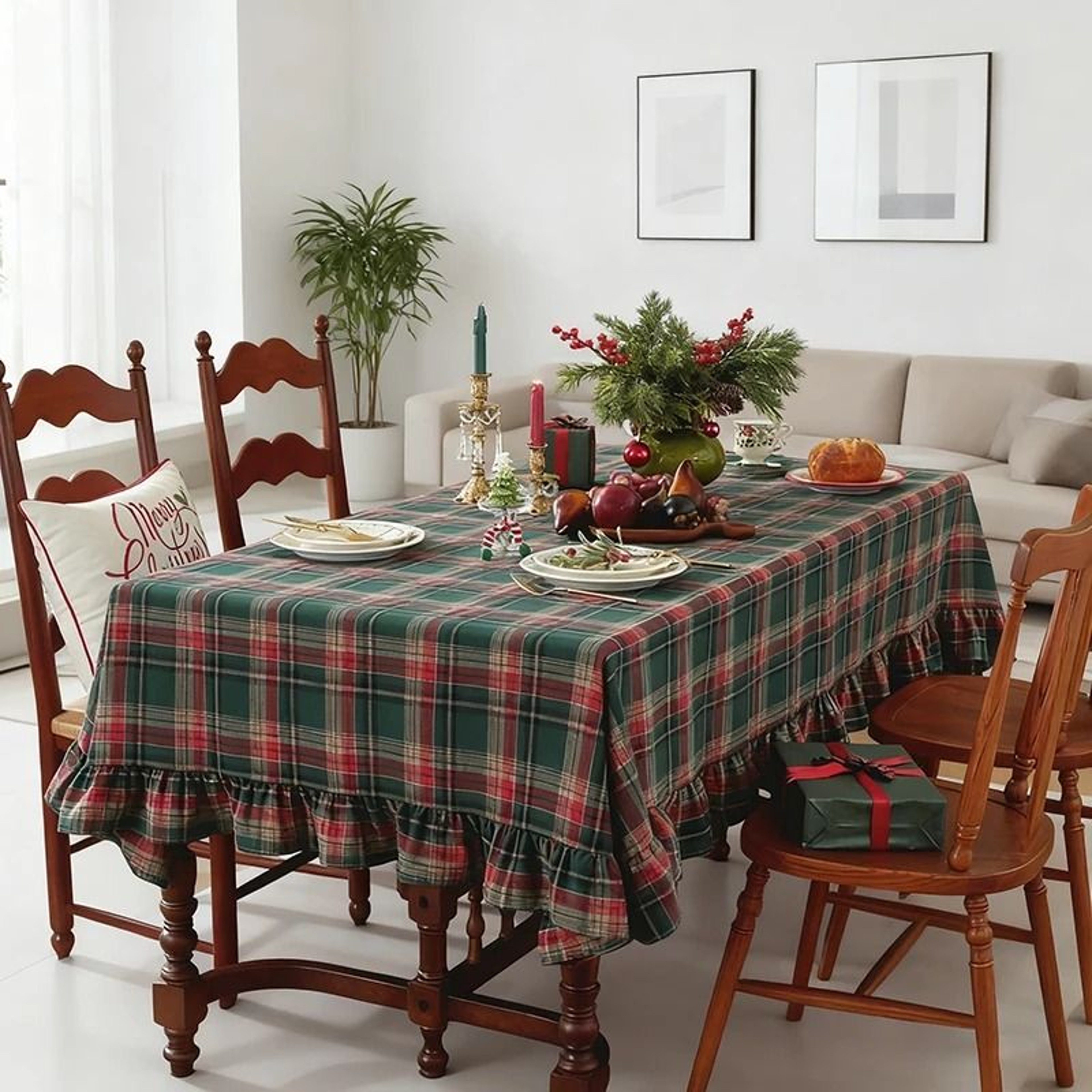 Christmas Green Plaid Ruffled Tablecloth Washable AntiStain Table Cover For Kitchen  Holiday Weddin 7