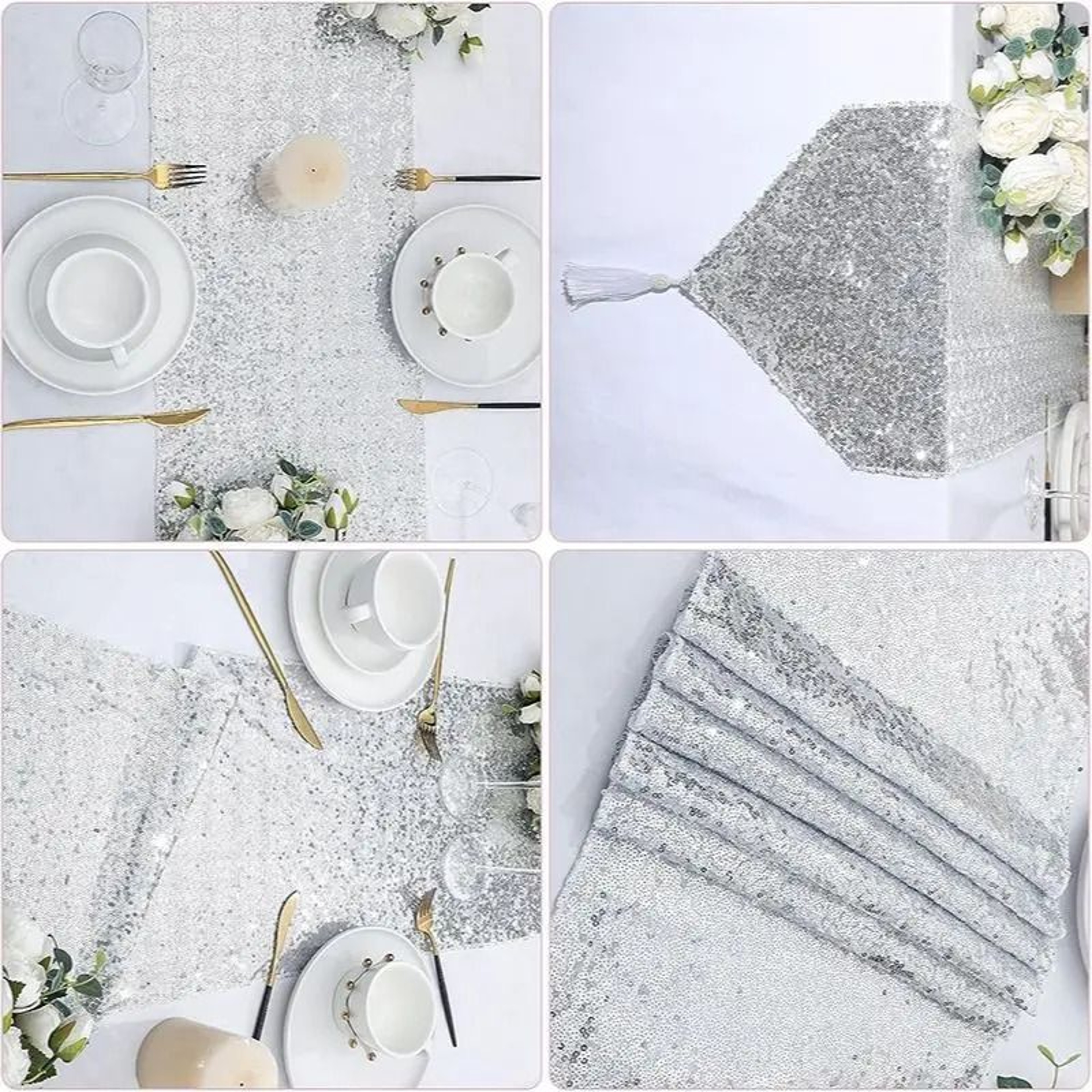 Silver Sequin Tassel Table Runner Sparkly Glitter Accent For Birthday Wedding  Holiday Table Decor 4