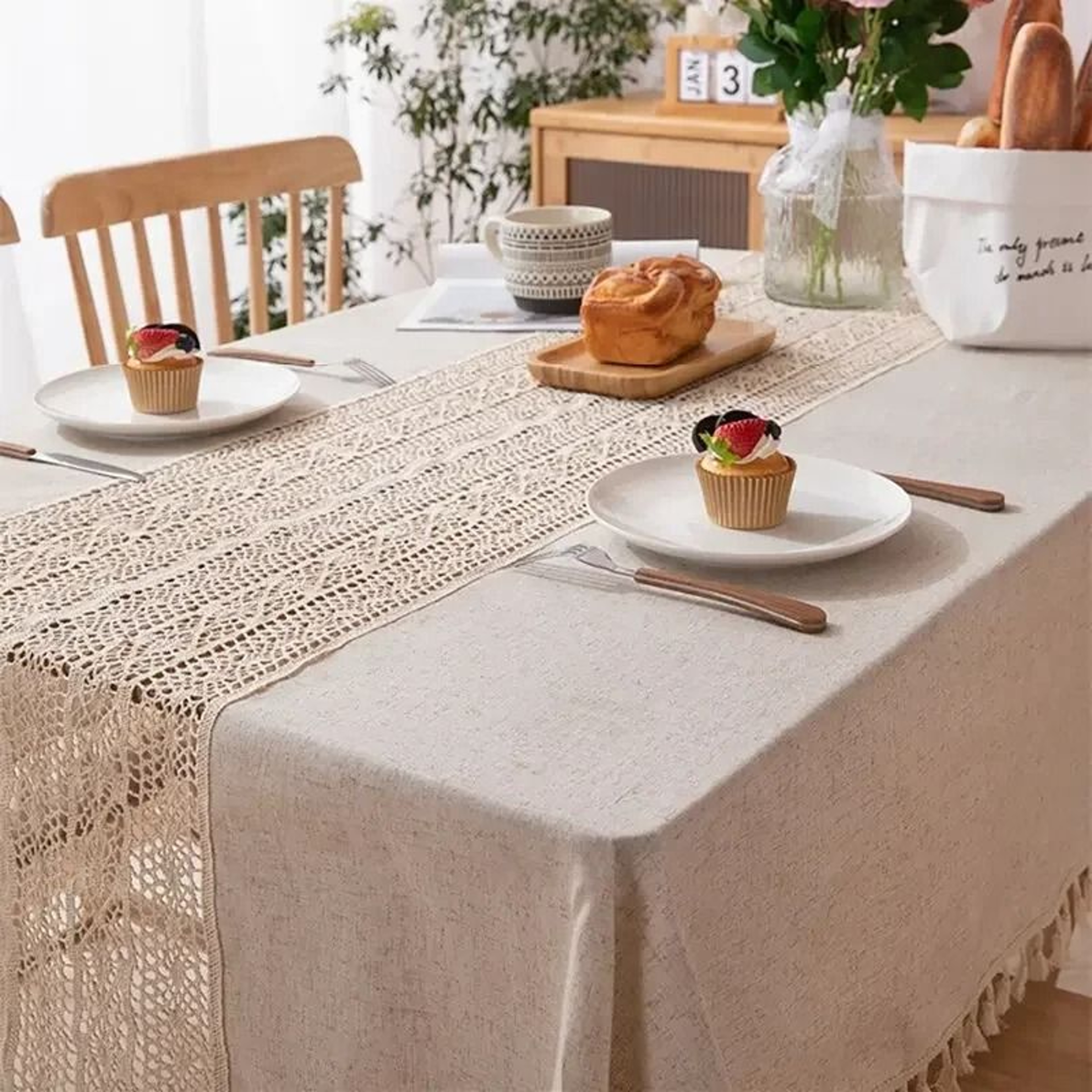 Rustic Farmhouse Hollow Splicing Tassel Tablecloth Washable Rectangle Table Cover For Kitchen  Holi 5