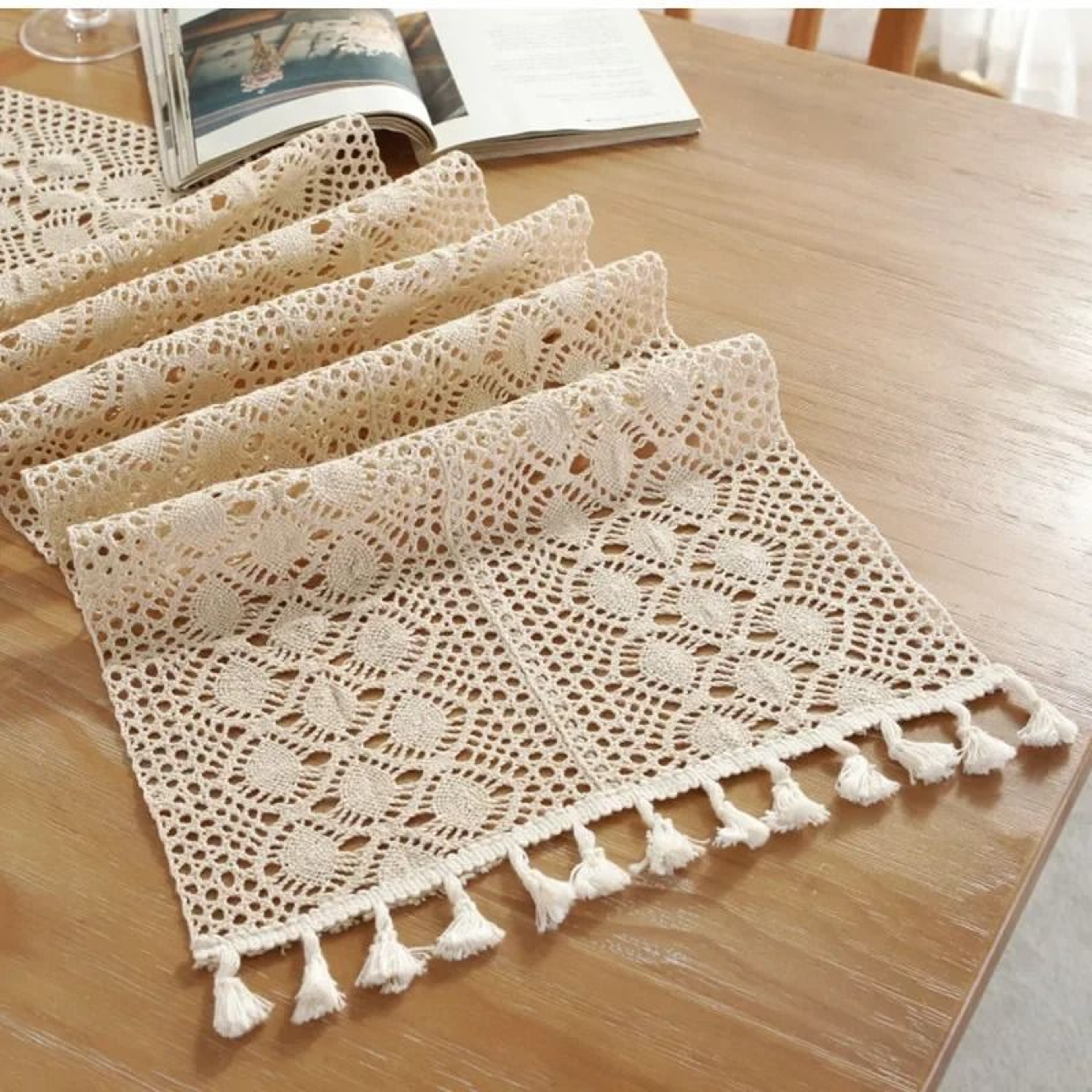 Boho Beige Crochet Macrame Table Runner With Tassels Vintage Farmhouse Decor For Wedding  Baby Show 4