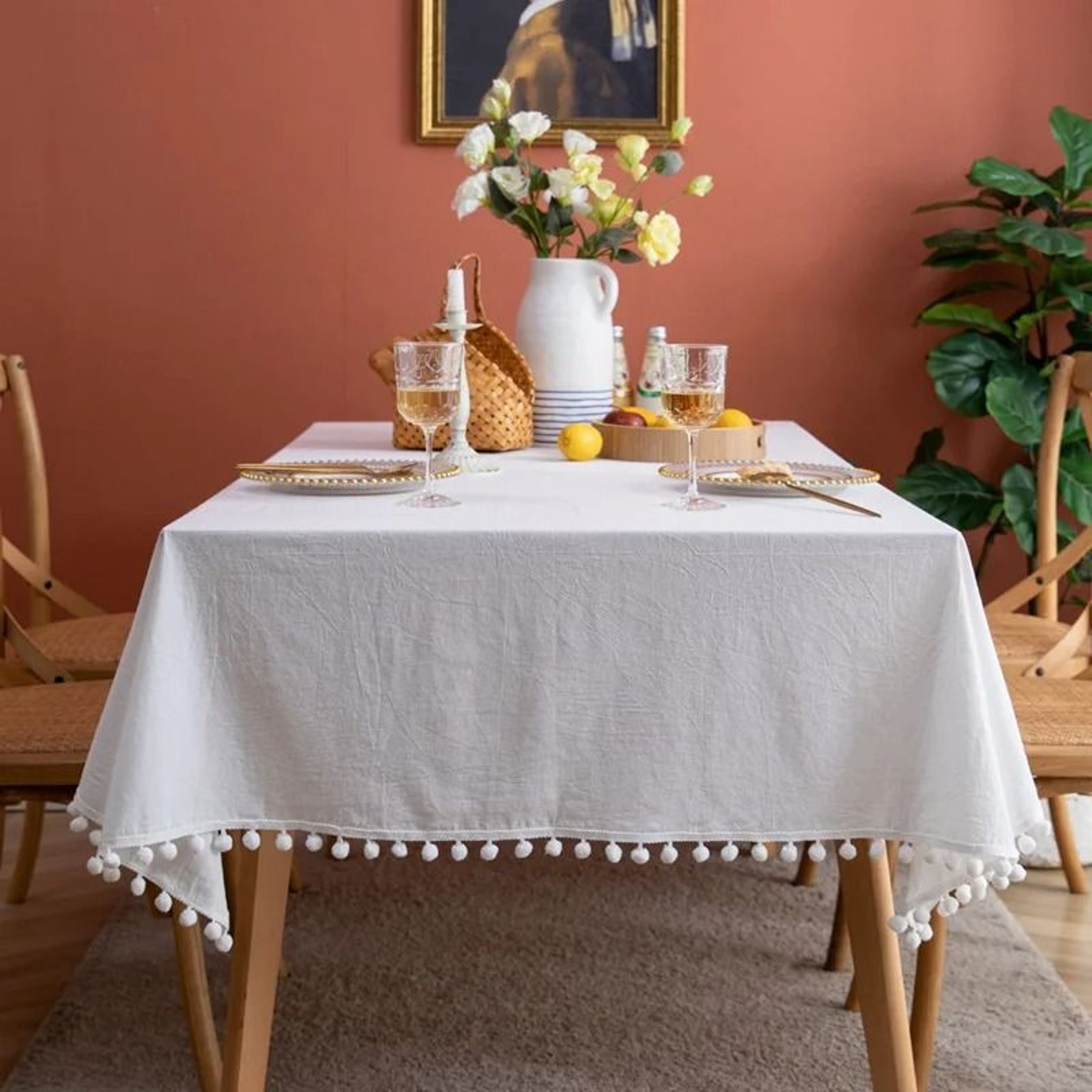 Farmhouse Cotton Tablecloth With Pompom Tassels Square Washable Cover For Kitchen  Dinning 4