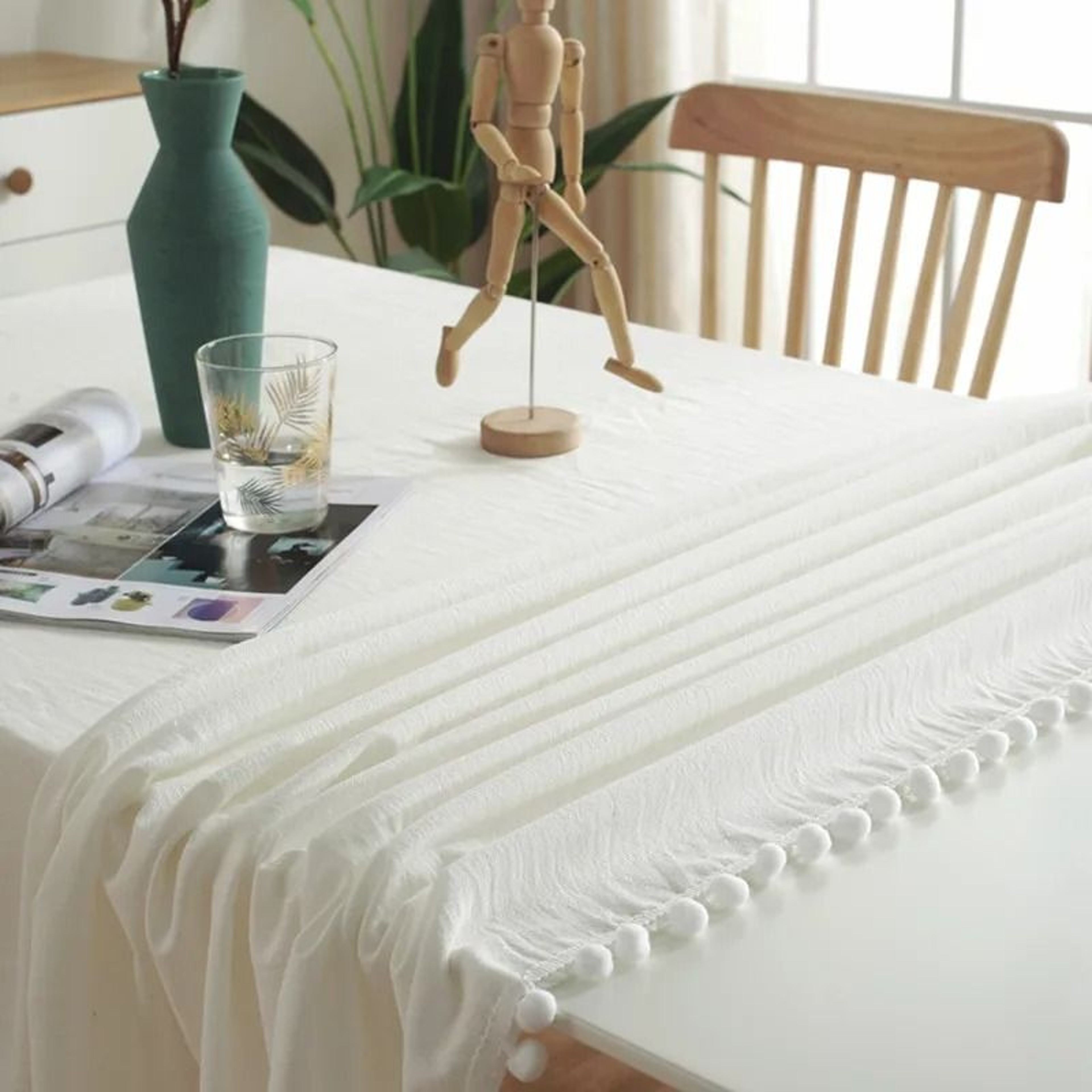 Farmhouse Cotton Tablecloth With Pompom Tassels Square Washable Cover For Kitchen  Dinning 2