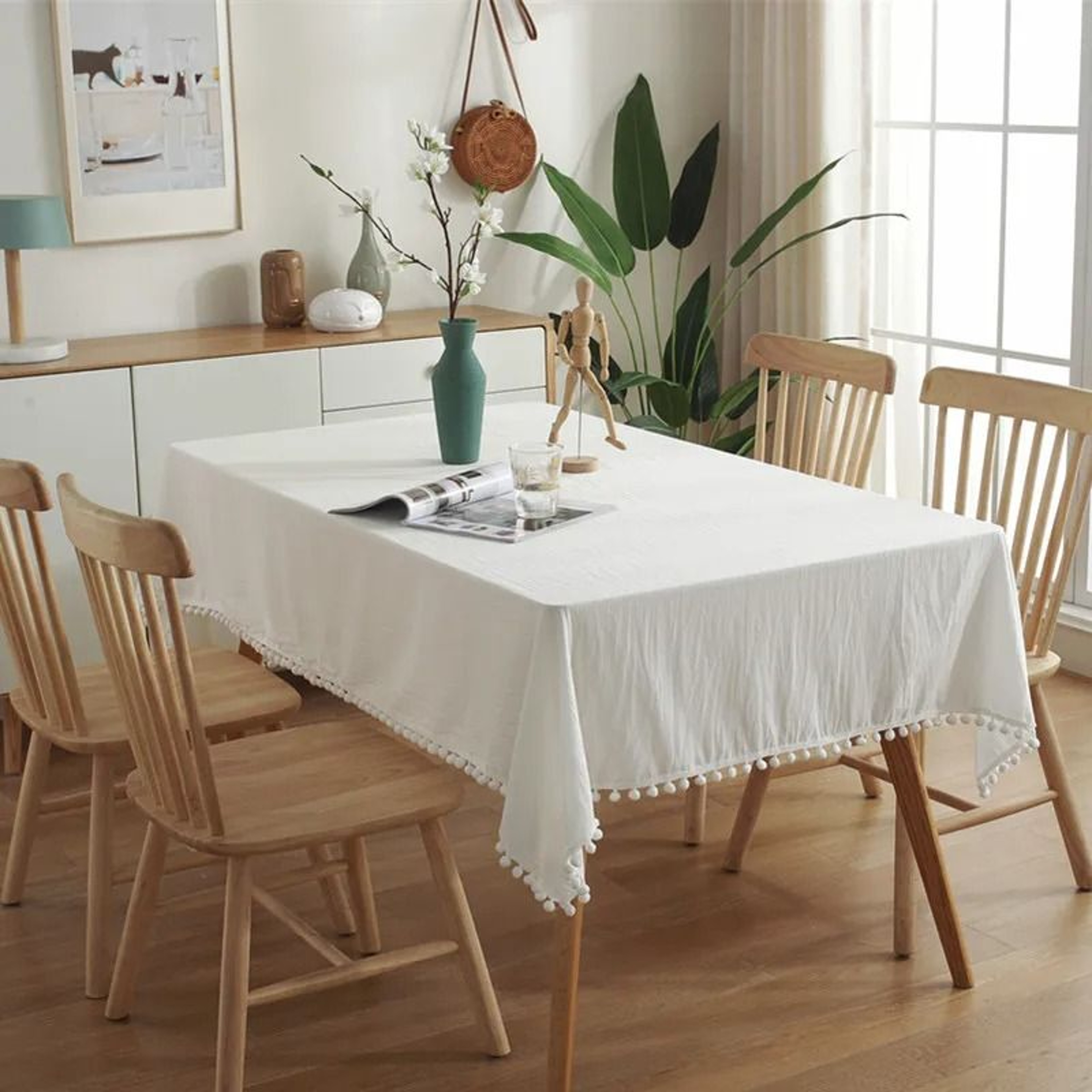Farmhouse Cotton Tablecloth With Pompom Tassels Square Washable Cover For Kitchen  Dinning 3