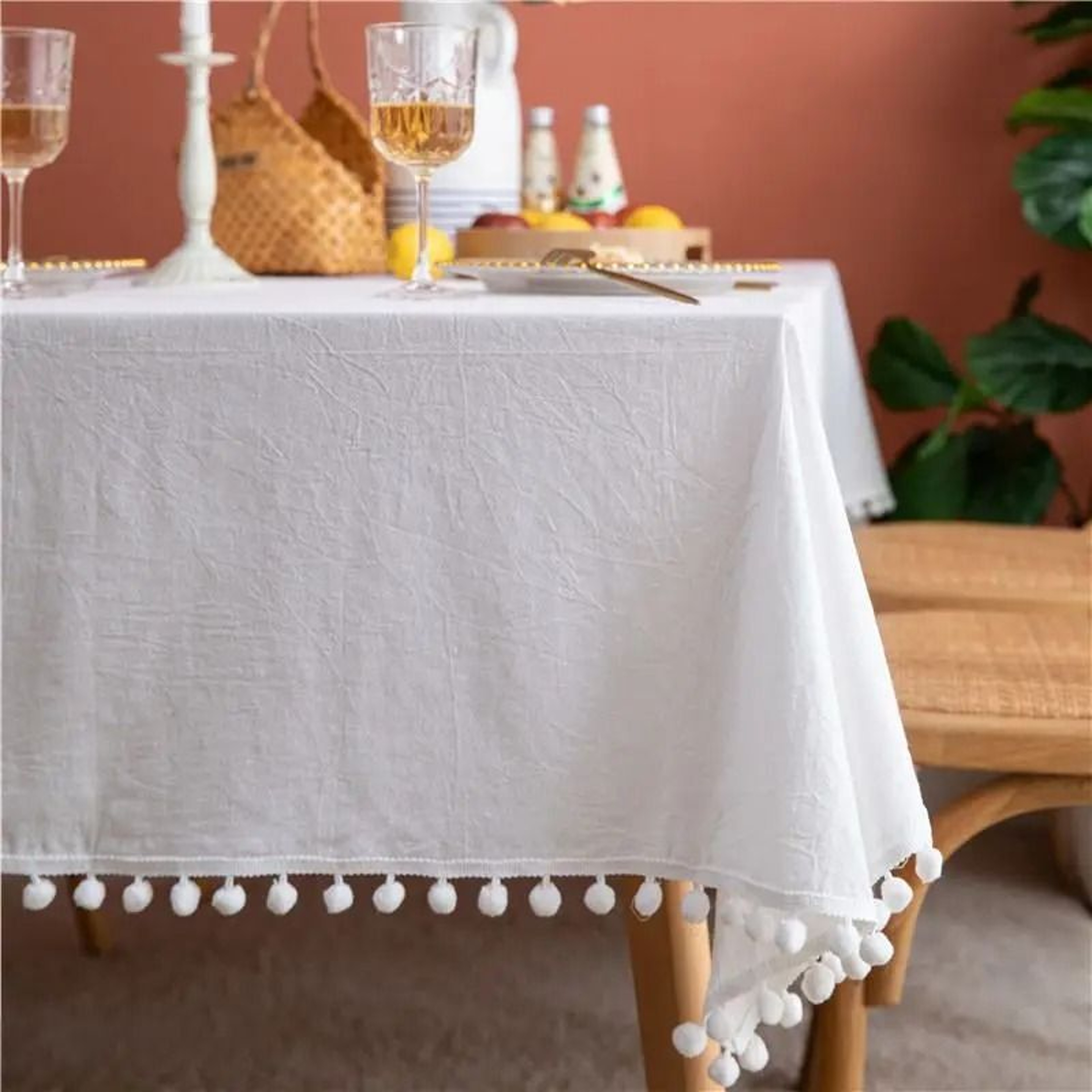 Farmhouse Cotton Tablecloth With Pompom Tassels Square Washable Cover For Kitchen  Dinning 1