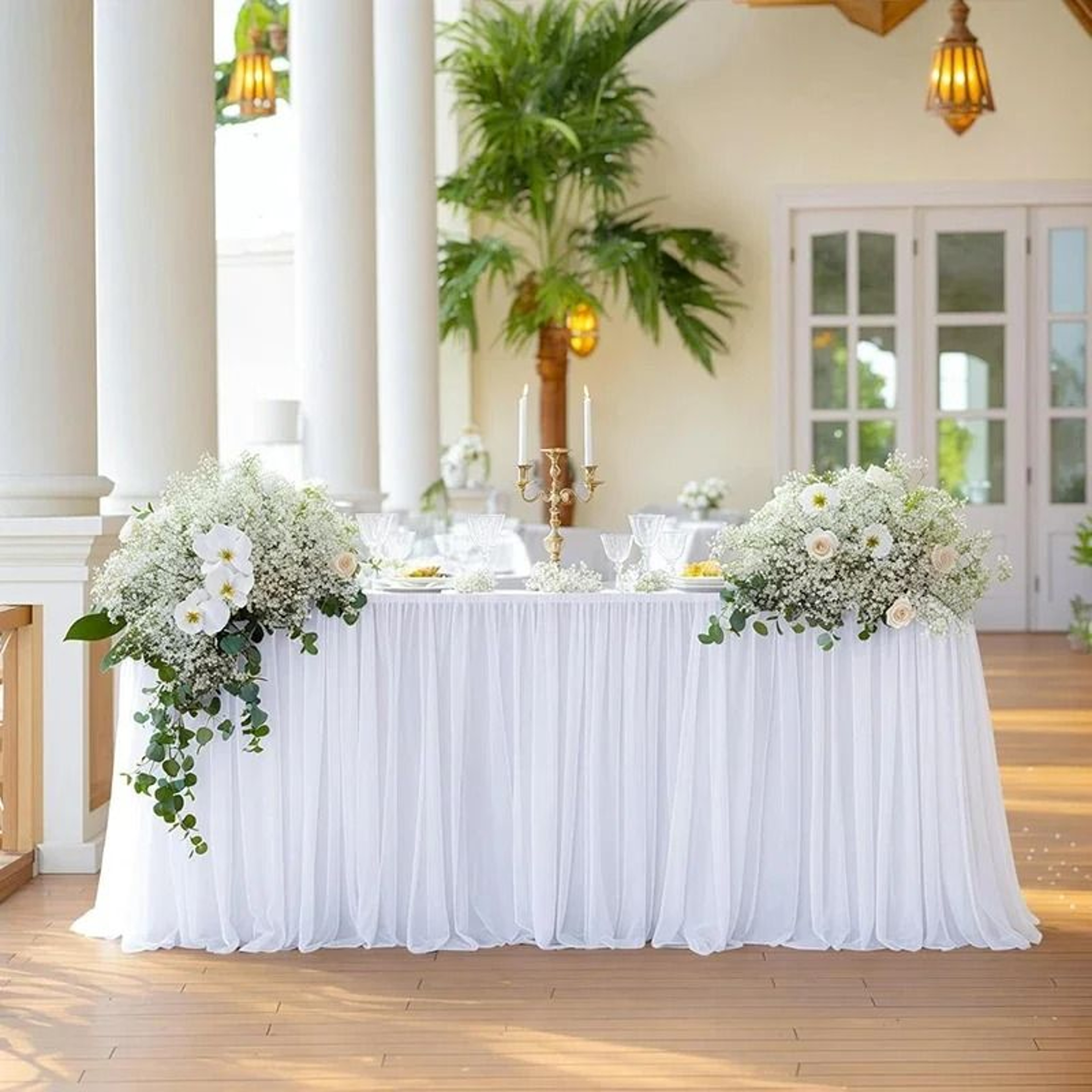 White Tulle Ruffle Table Skirt SemiSheer Cover For Wedding Bridal Shower  Birthday Decor 10