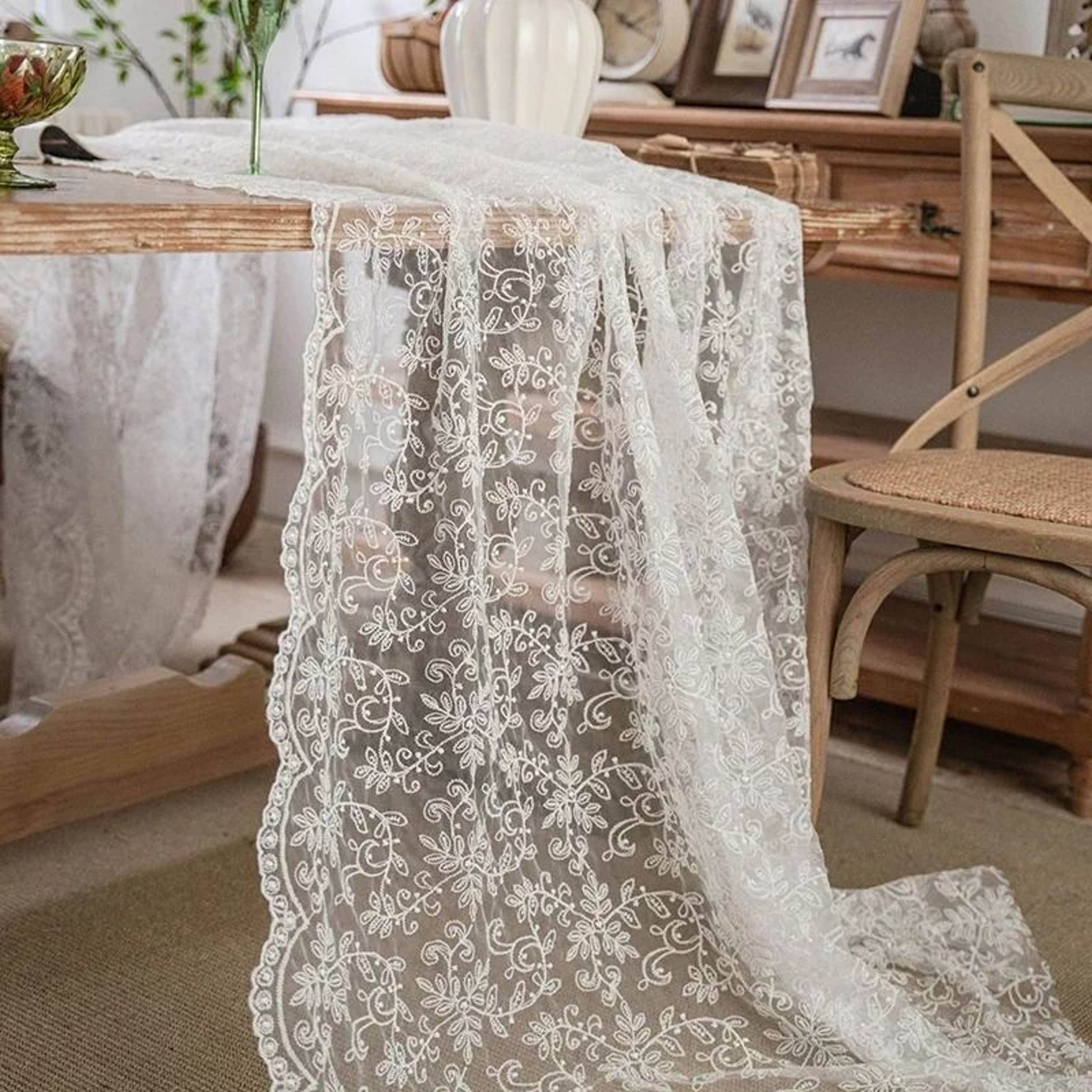 White Vintage Leaf Embroidery Lace Tablecloth With Eyelash Hem Farmhouse Cover For Wedding  Baby Sh 1